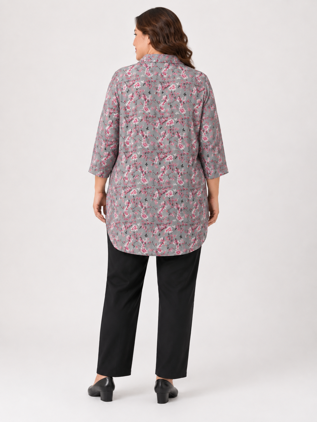 U&F Beyond Grey Floral Printed Plus Size Shirt Style Top