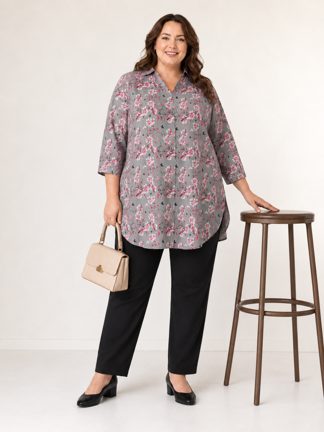 U&F Beyond Grey Floral Printed Plus Size Shirt Style Top