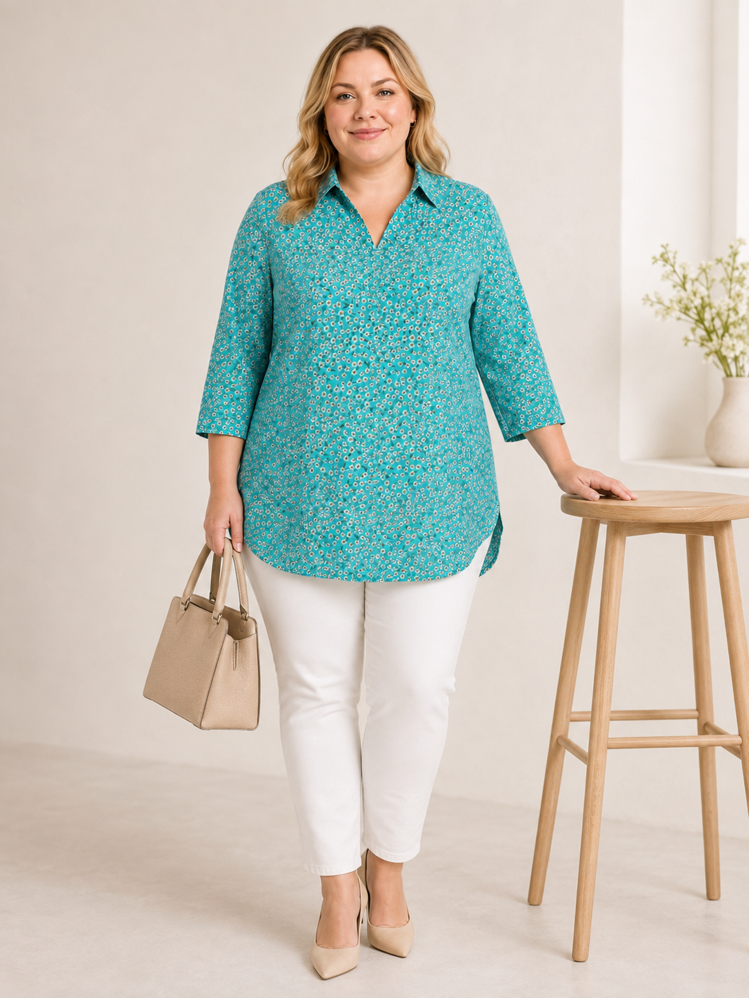 U&F Beyond Turquoise Blue Floral Printed Plus Size Shirt Style Top