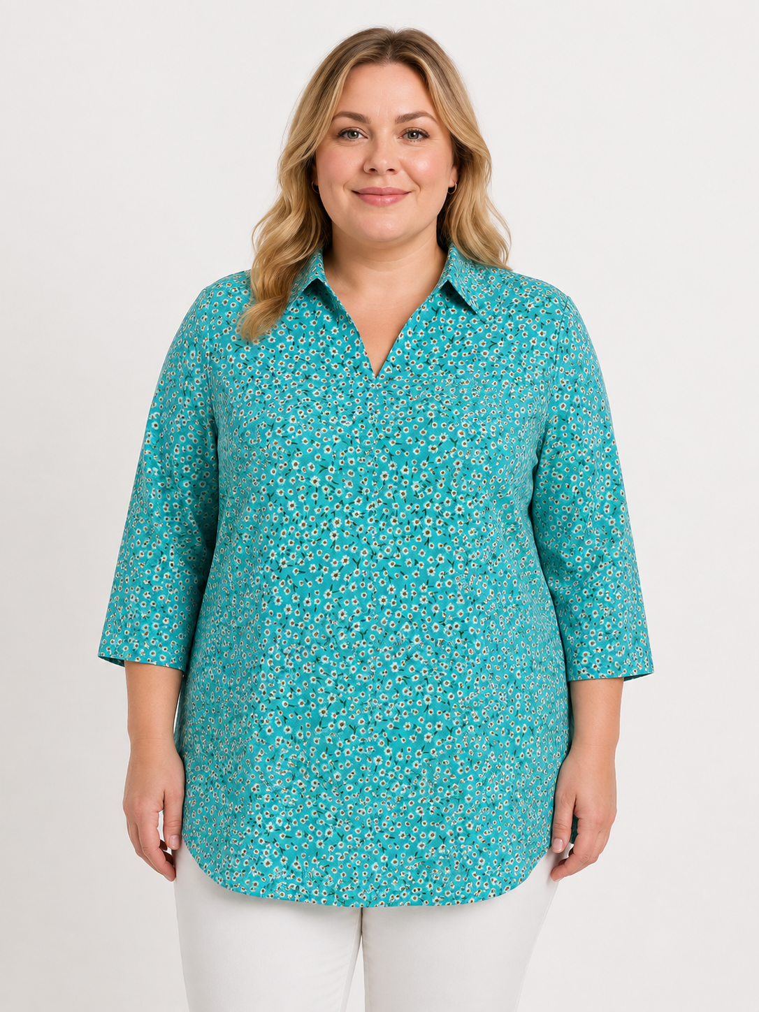 U&F Beyond Turquoise Blue Floral Printed Plus Size Shirt Style Top