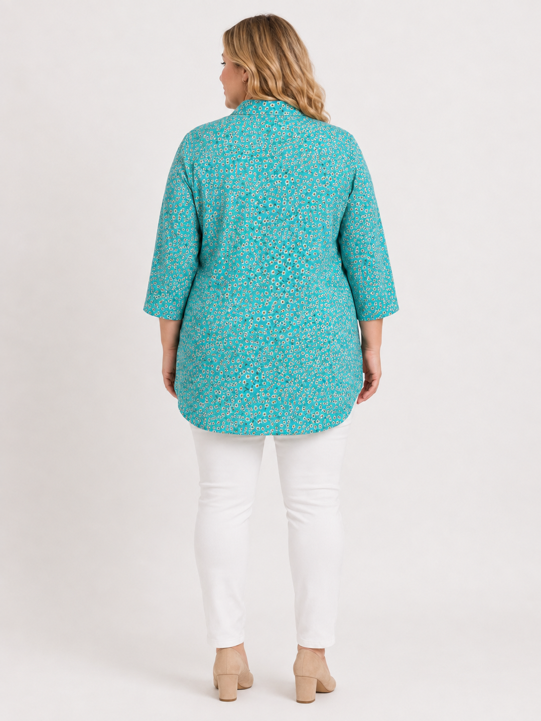 U&F Beyond Turquoise Blue Floral Printed Plus Size Shirt Style Top