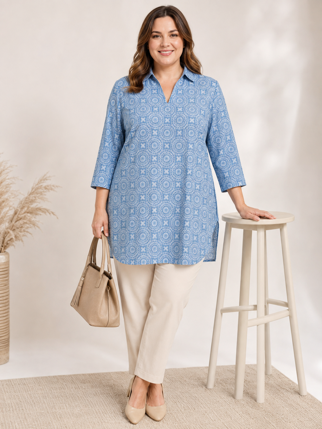 U&F Beyond Blue Printed Plus Size Shirt Style Top