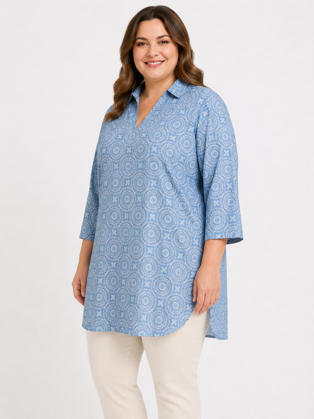 U&F Beyond Blue Printed Plus Size Shirt Style Top