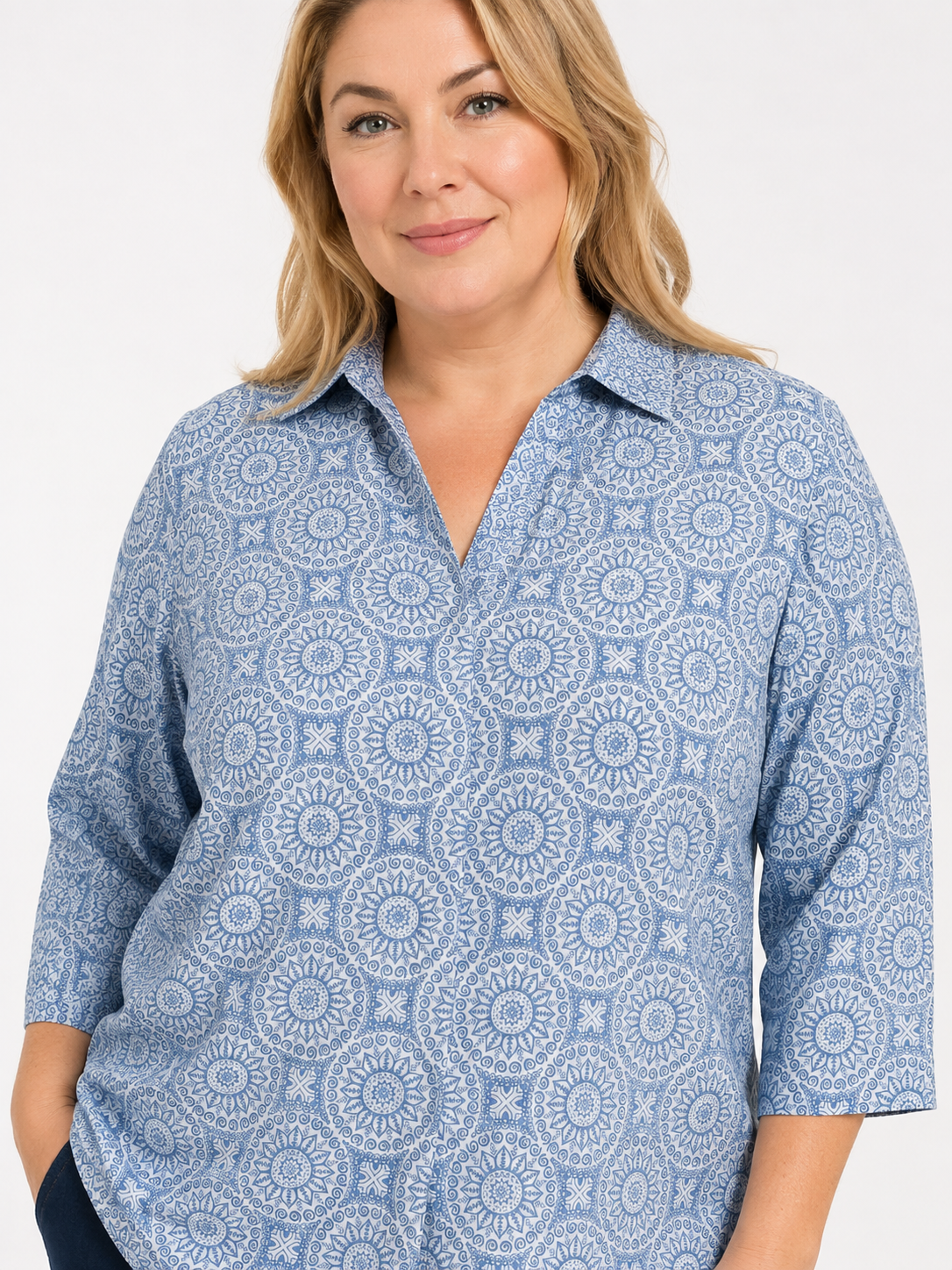 U&F Beyond Blue Printed Plus Size Shirt Style Top