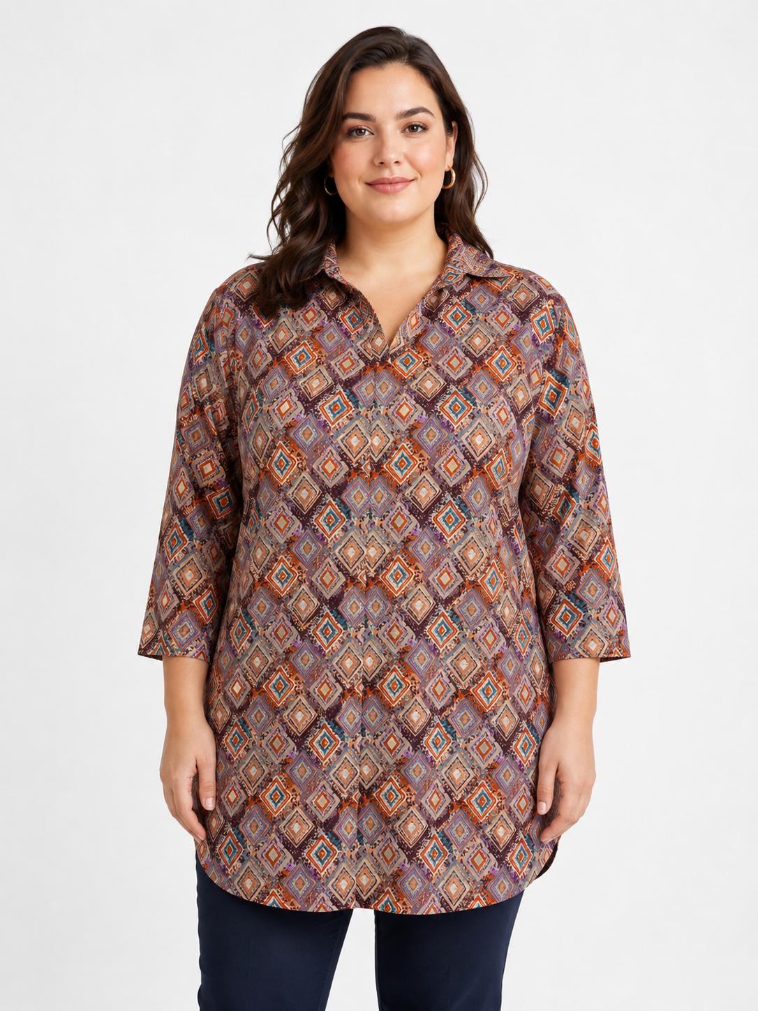 U&F Beyond Brown Geometric Printed Plus Size Shirt Style Top