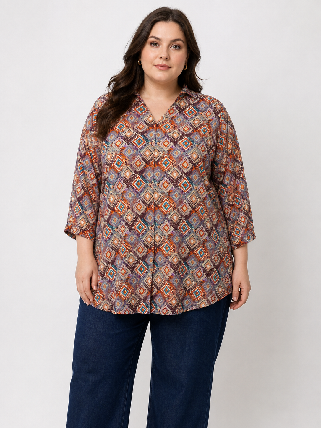 U&F Beyond Brown Geometric Printed Plus Size Shirt Style Top