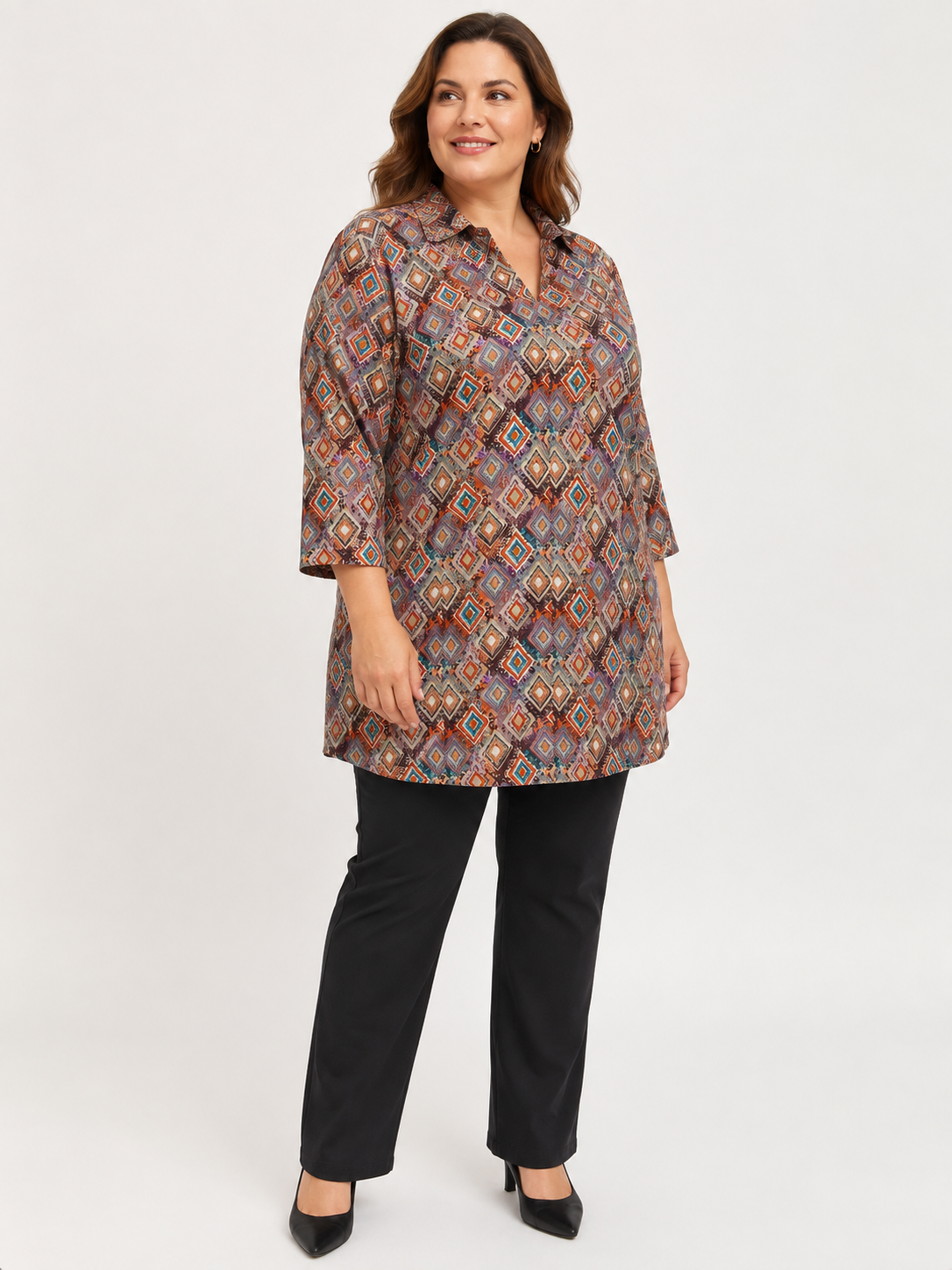 U&F Beyond Brown Geometric Printed Plus Size Shirt Style Top