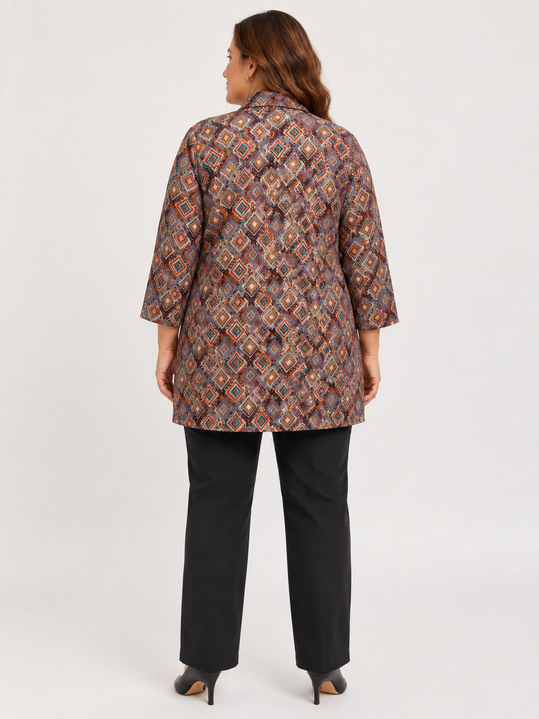 U&F Beyond Brown Geometric Printed Plus Size Shirt Style Top