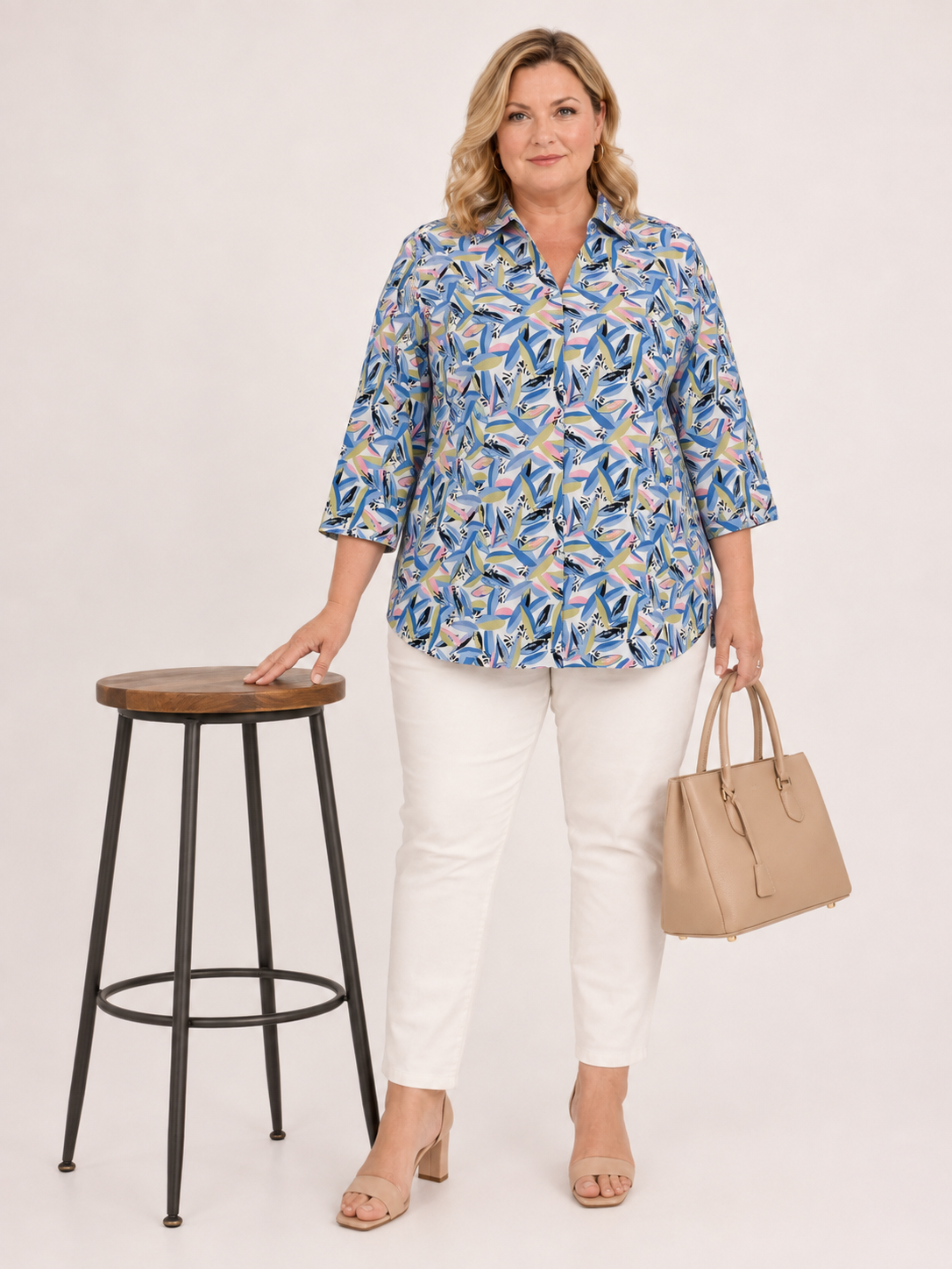 U&F Beyond Blue Abstract Printed Plus Size Shirt Style Top