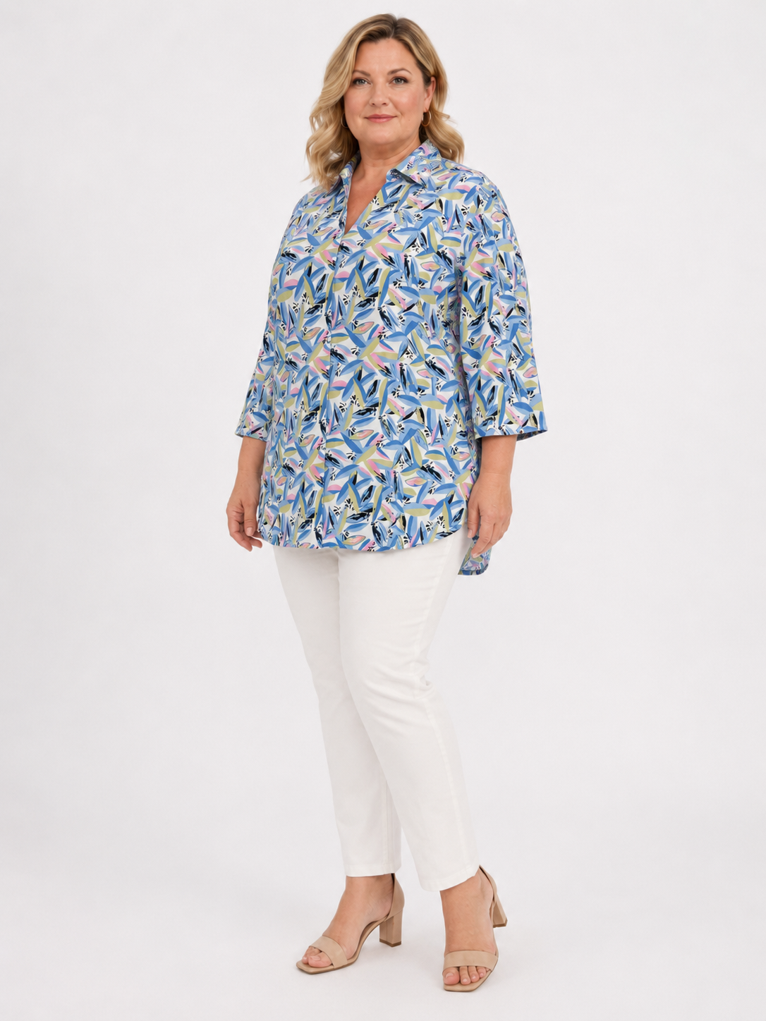 U&F Beyond Blue Abstract Printed Plus Size Shirt Style Top