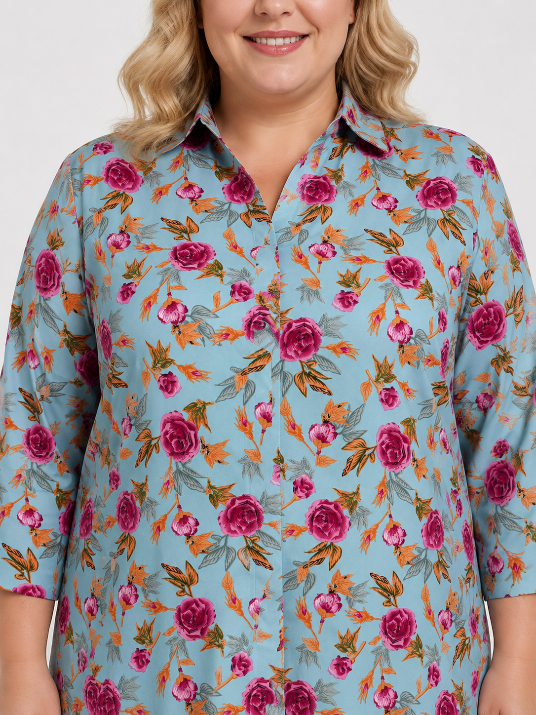 U&F Beyond Blue Floral Printed Plus Size Shirt Style Top