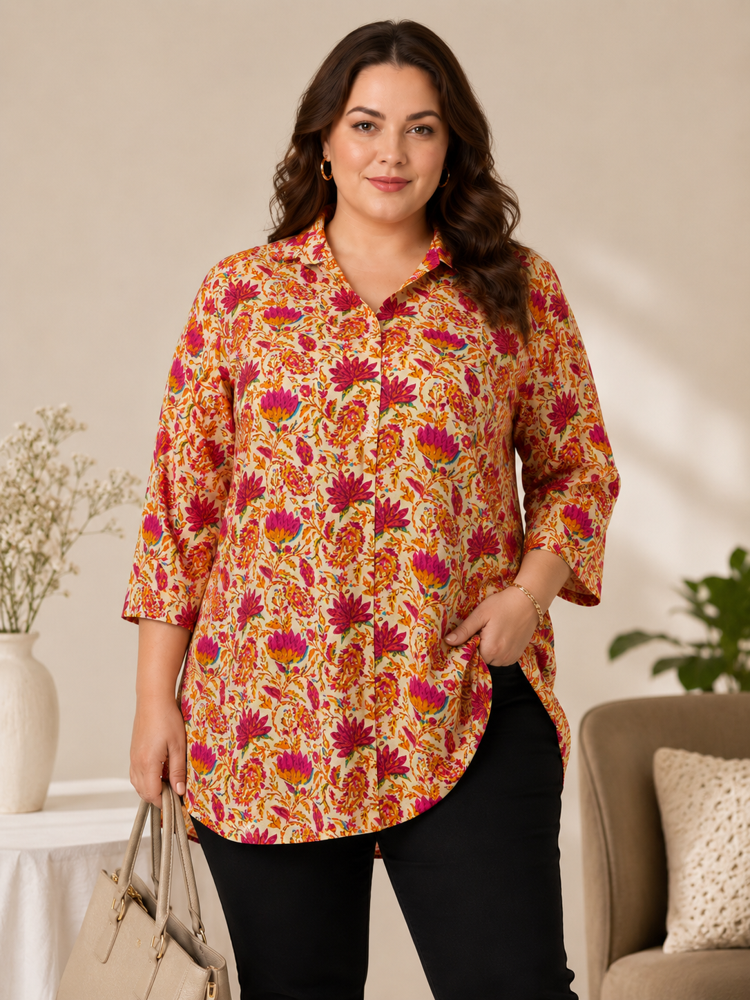 U&F Beyond Sunset Bloom Floral Print Plus Size Tunic Top
