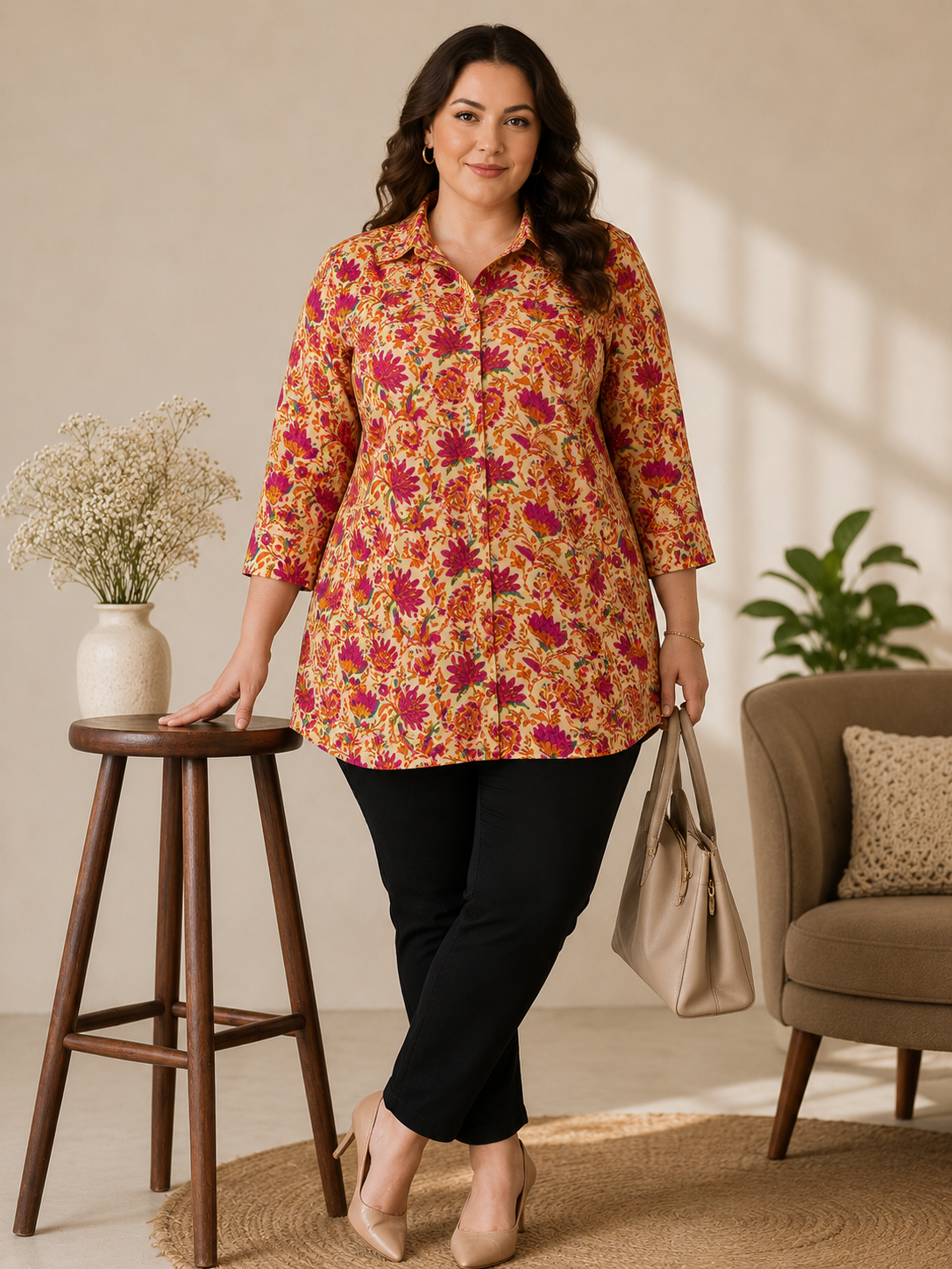 U&F Beyond Sunset Bloom Floral Print Plus Size Tunic Top