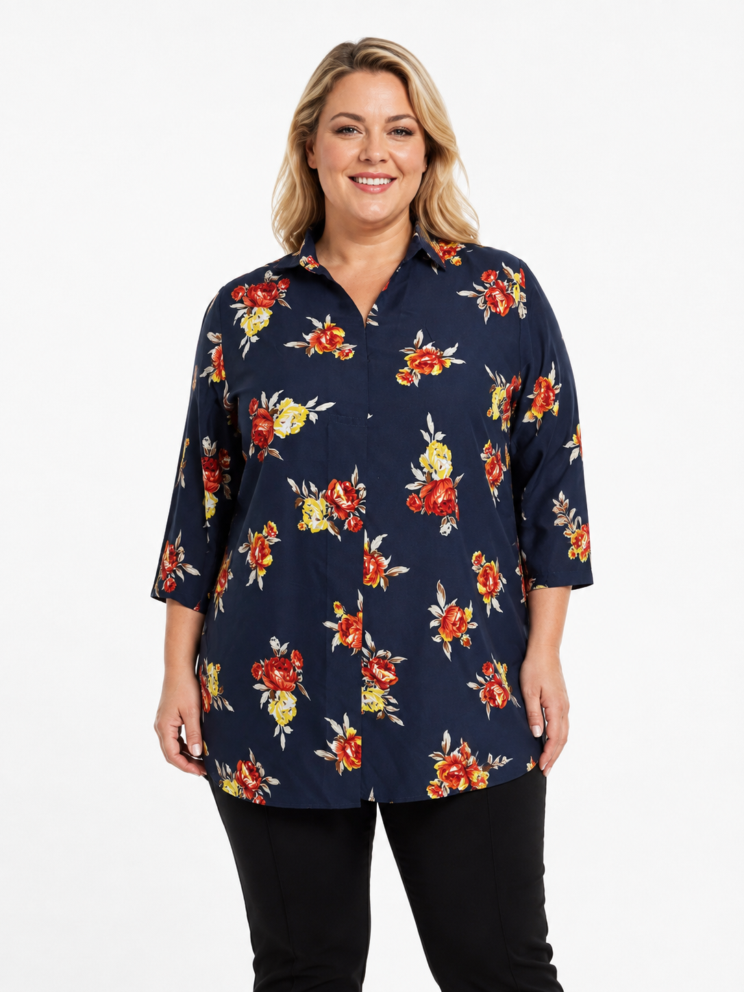 U&F Beyond Navy Blue Floral Printed Plus Size Shirt Style Top