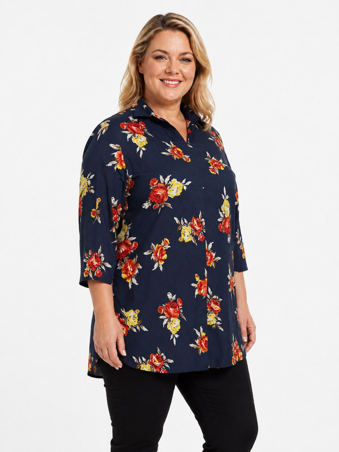 U&F Beyond Navy Blue Floral Printed Plus Size Shirt Style Top