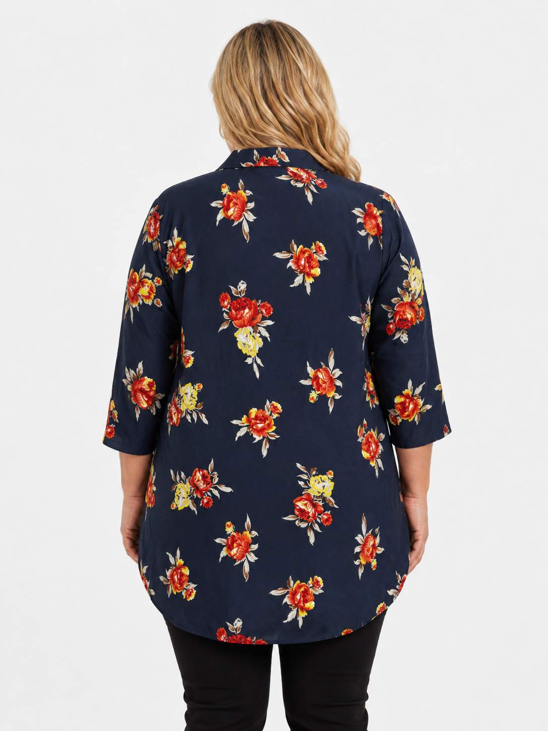 U&F Beyond Navy Blue Floral Printed Plus Size Shirt Style Top
