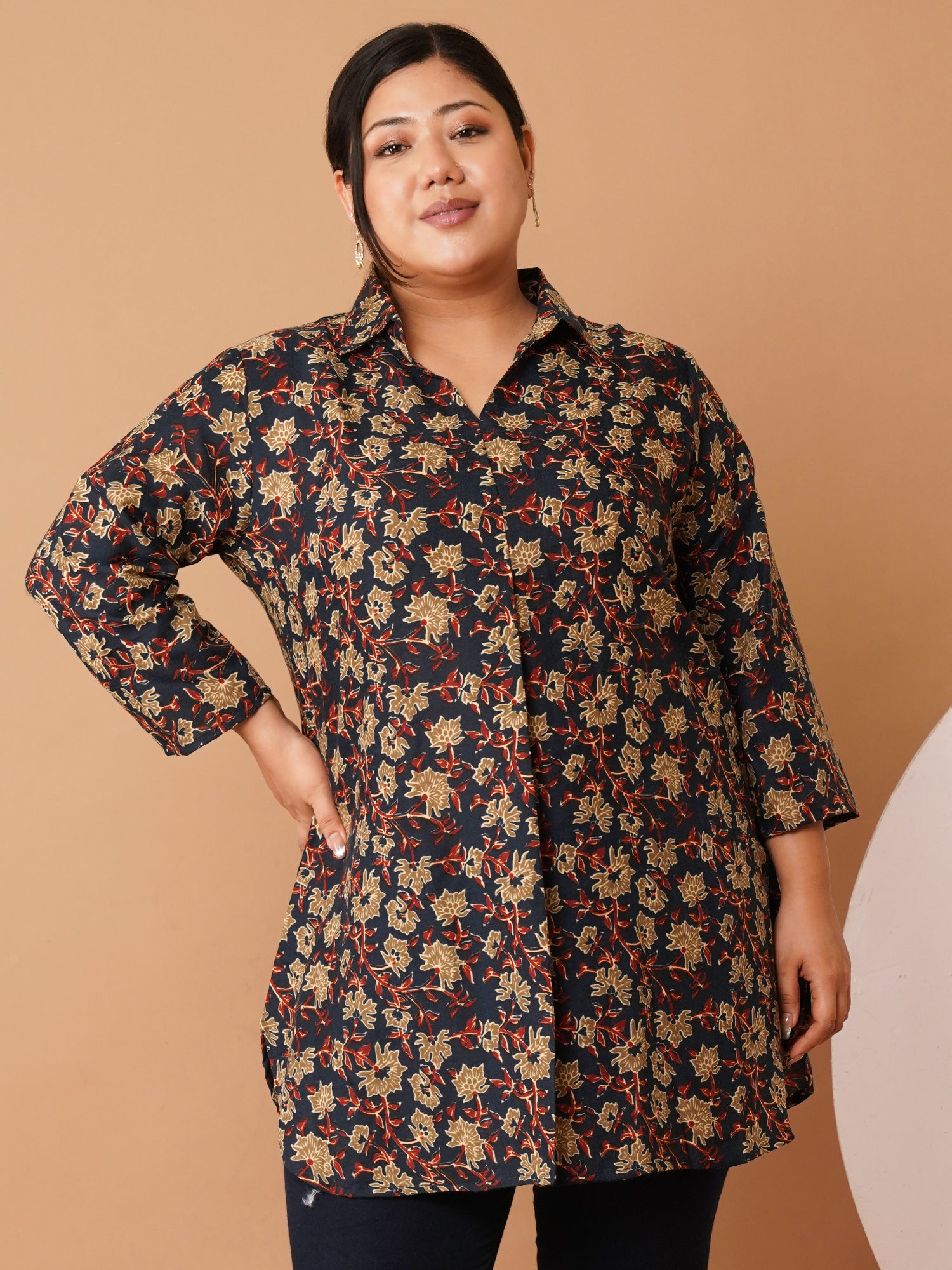 U&F Beyond Plus Size Navy Blue Floral Printed Longline Shirt Style Top