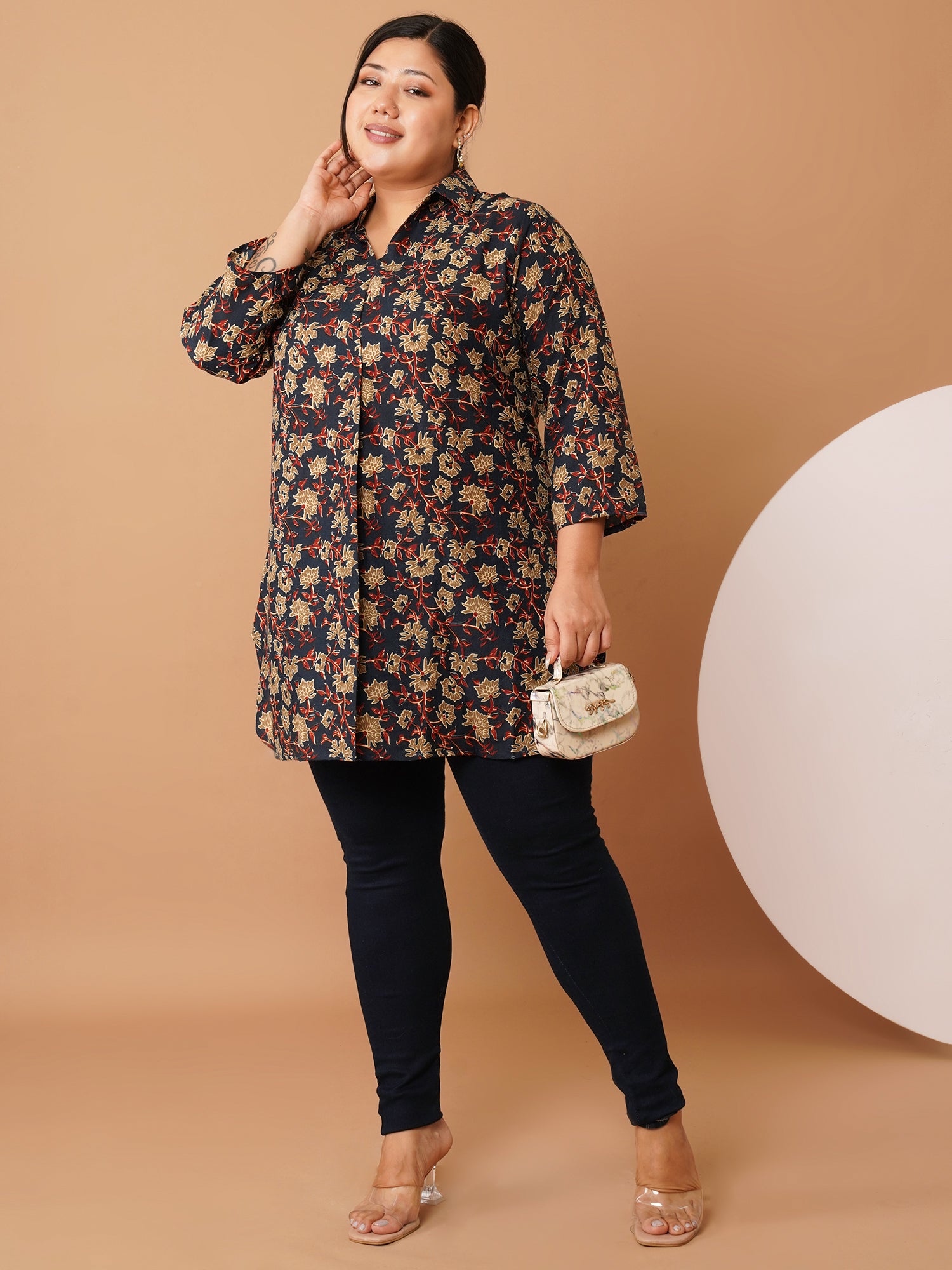 U&F Beyond Plus Size Navy Blue Floral Printed Longline Shirt Style Top