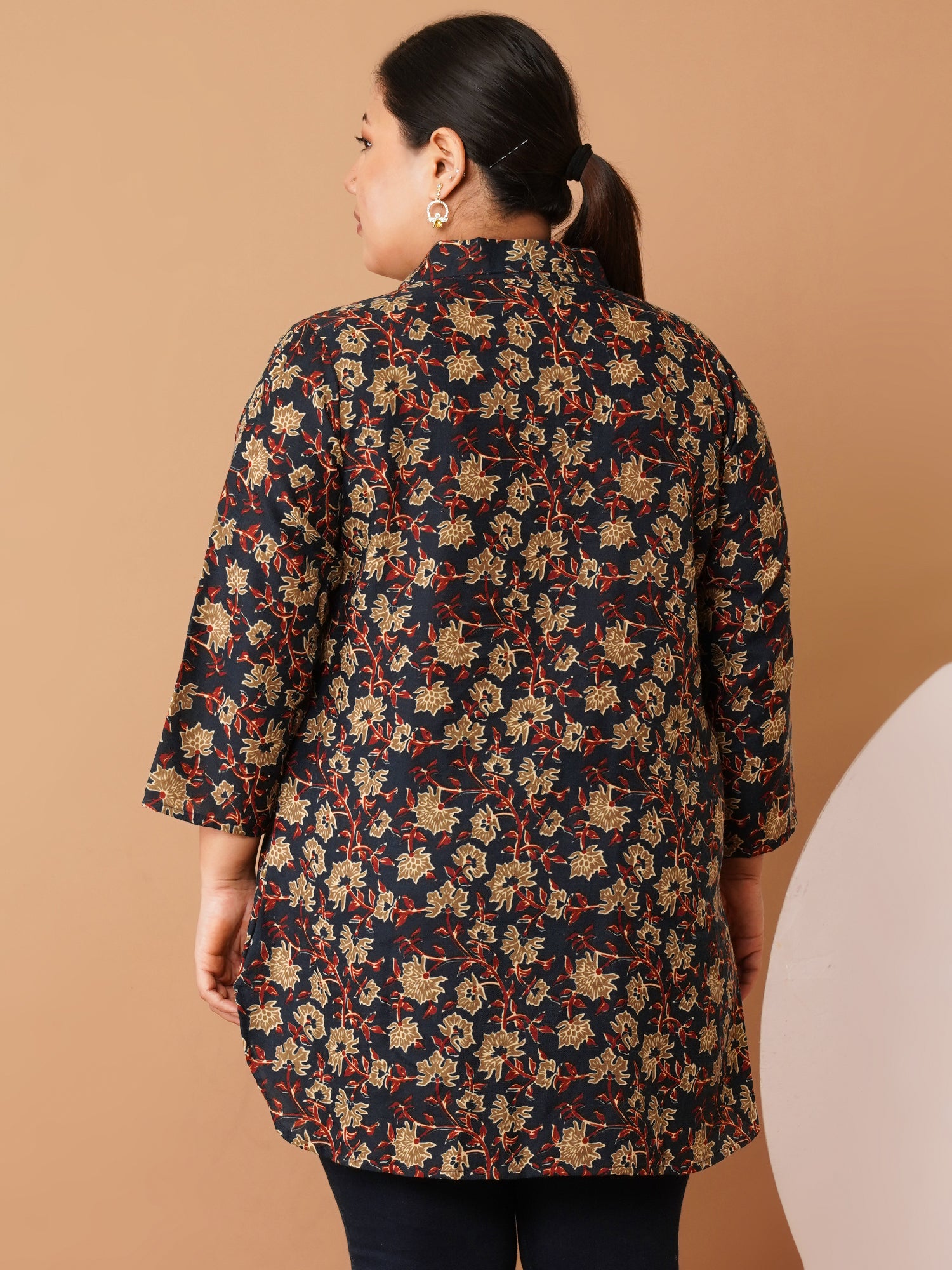 U&F Beyond Plus Size Navy Blue Floral Printed Longline Shirt Style Top