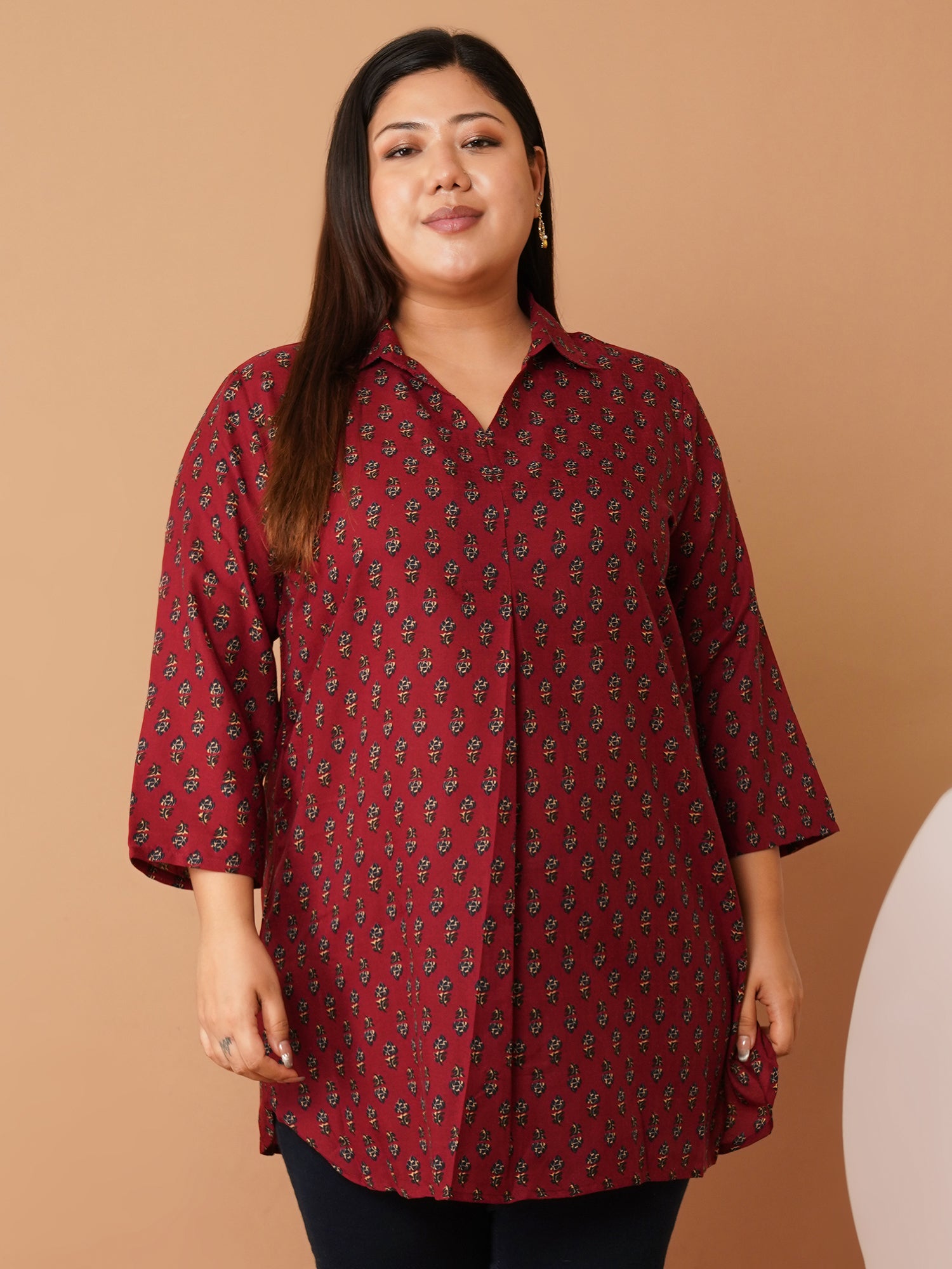 U&F Beyond Plus Size Maroon Floral Printed Longline Shirt Style Top