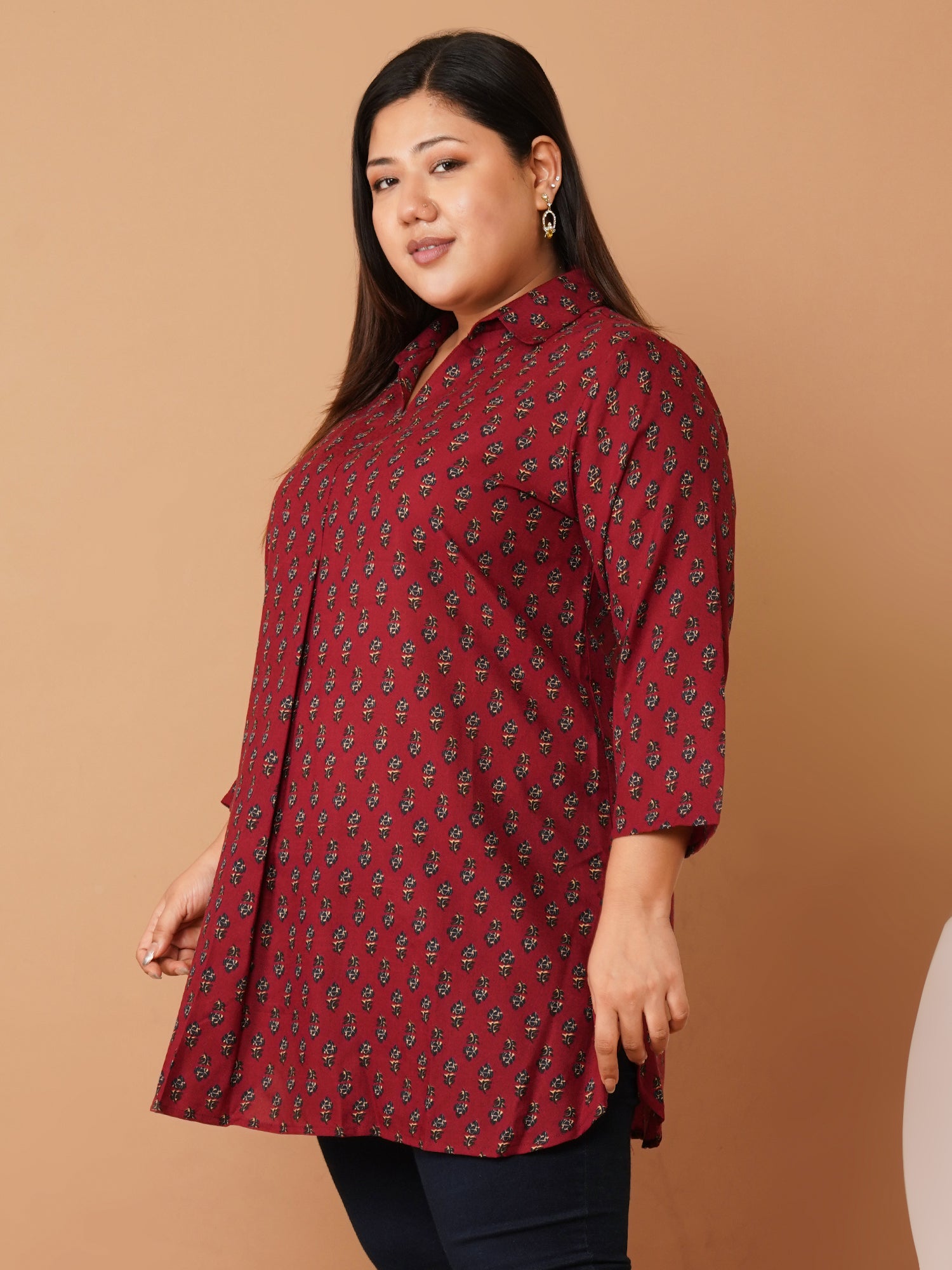 U&F Beyond Plus Size Maroon Floral Printed Longline Shirt Style Top