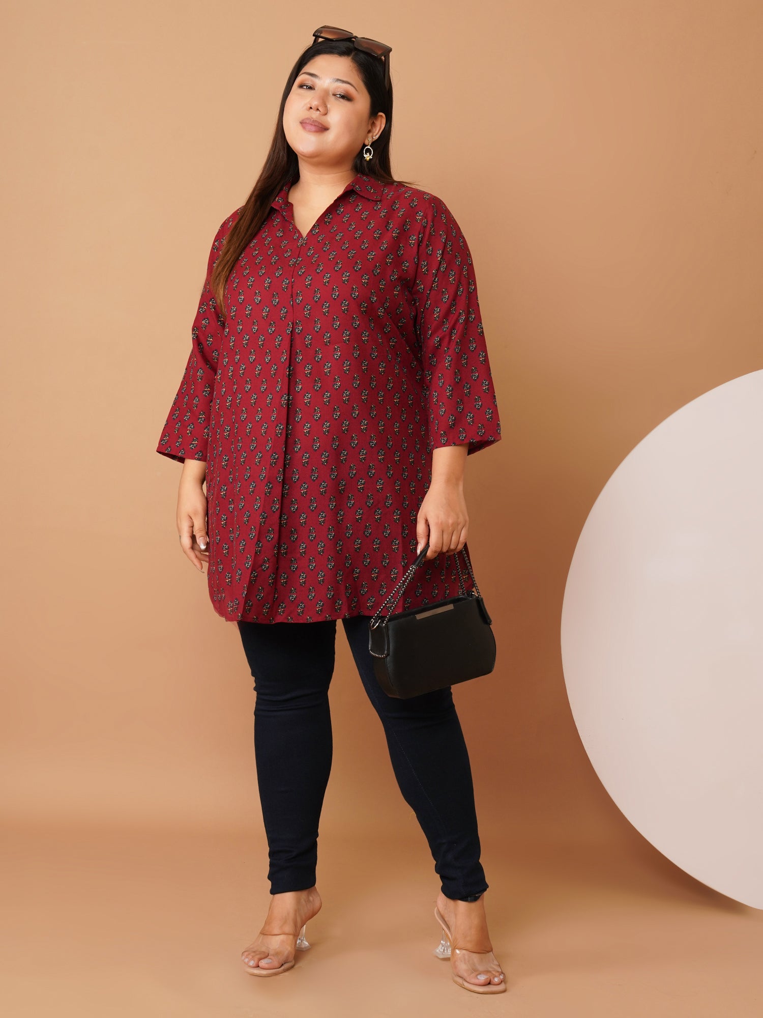 U&F Beyond Plus Size Maroon Floral Printed Longline Shirt Style Top