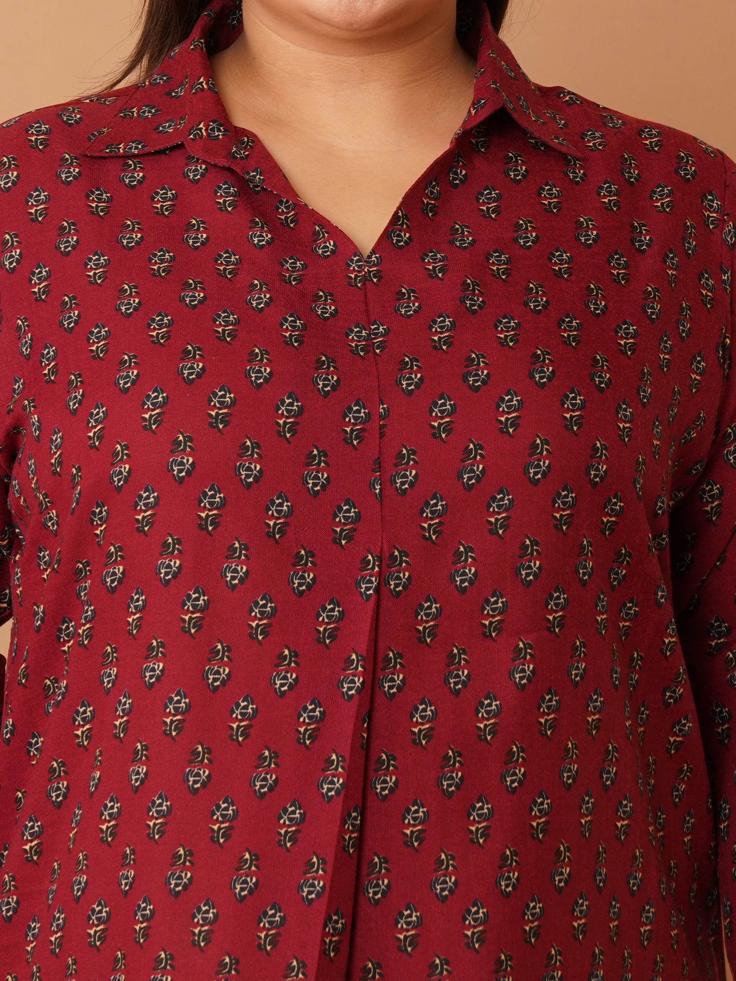 U&F Beyond Plus Size Maroon Floral Printed Longline Shirt Style Top