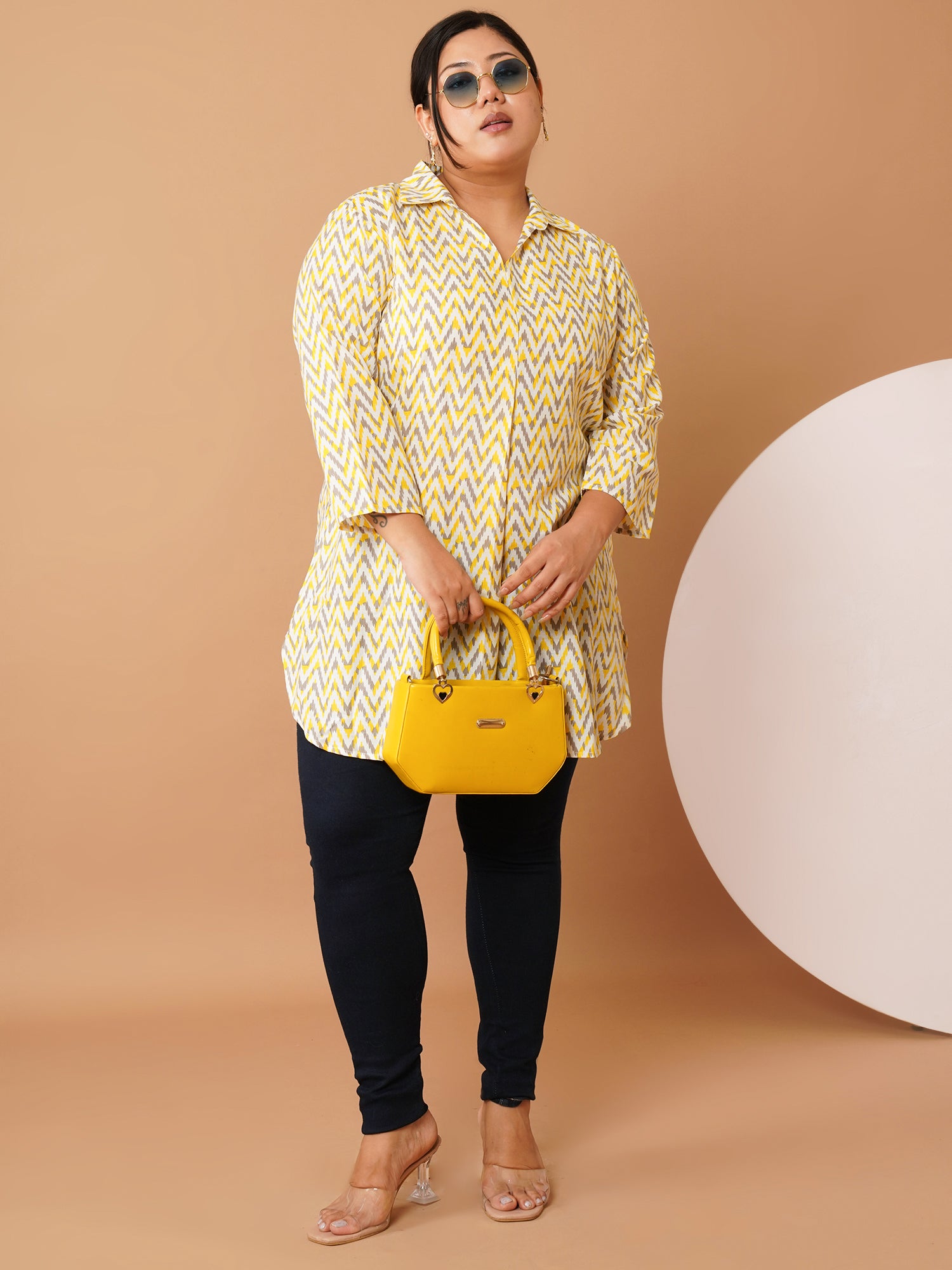 U&F Beyond Yellow Crepe Zig-Zag Printed Longline Shirt Style Top