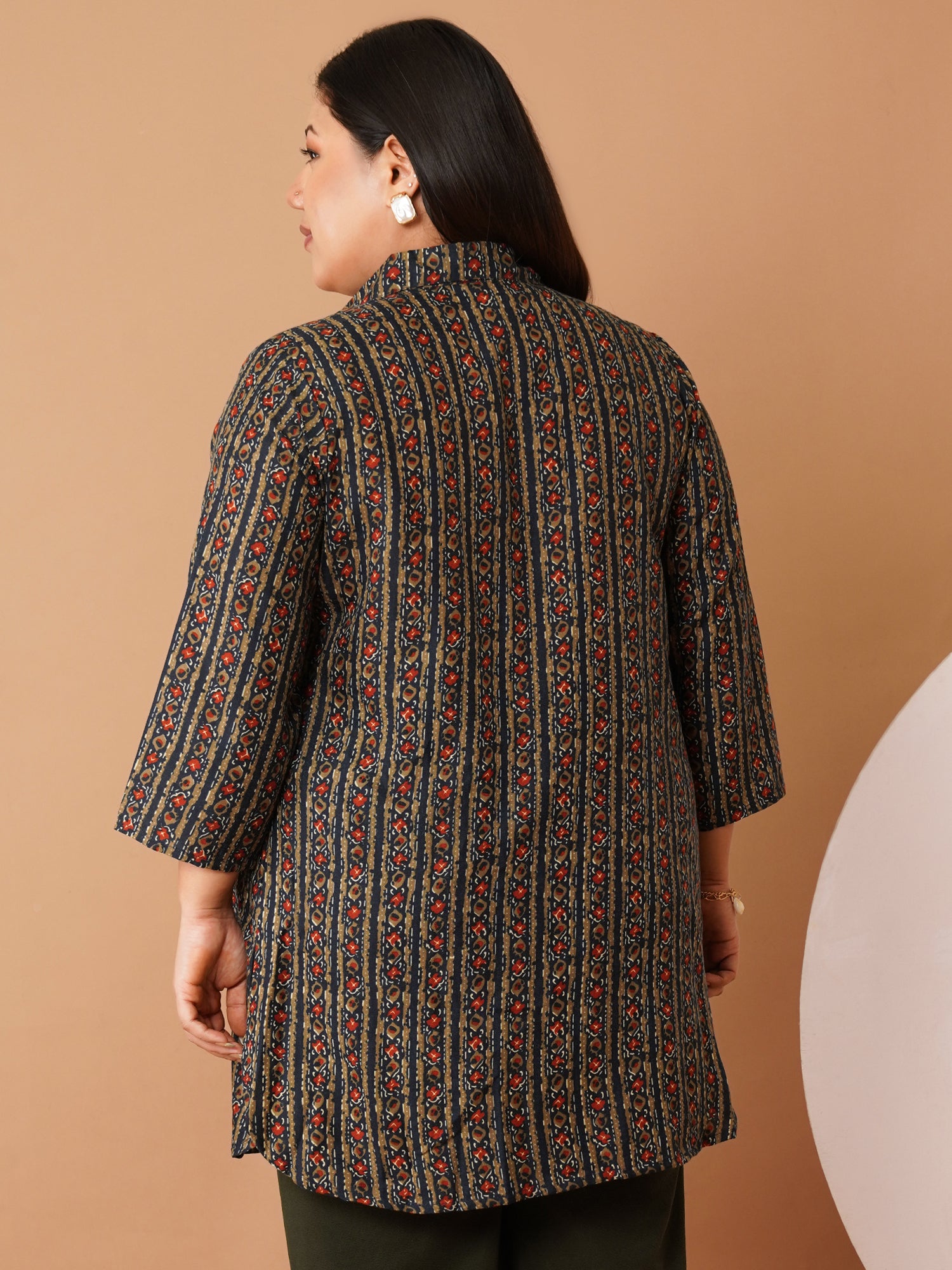 U&F Beyond Navy Blue Crepe Printed Longline Shirt Style Top