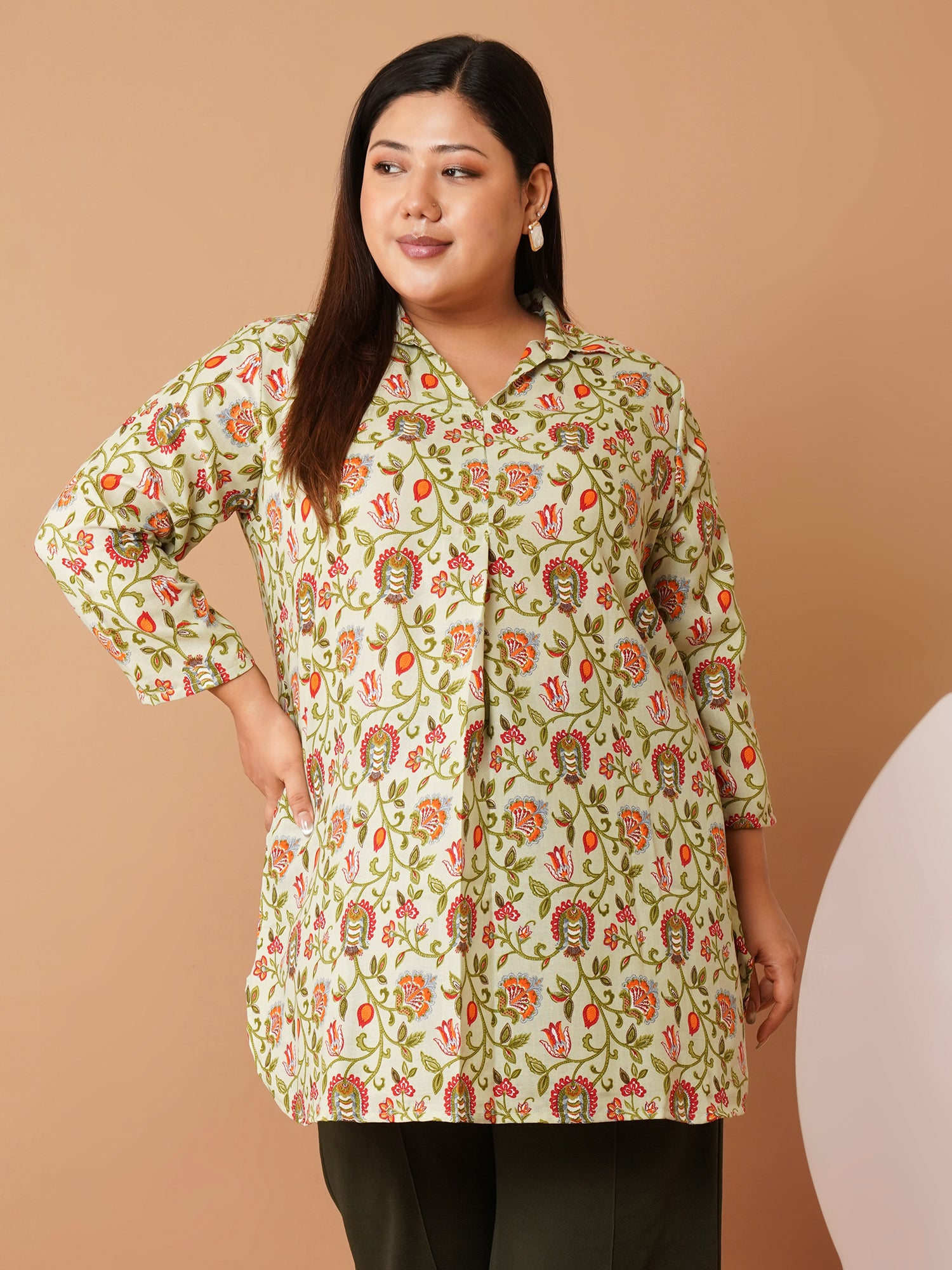 U&F Beyond Green Floral Printed Crepe Longline Shirt Style Top