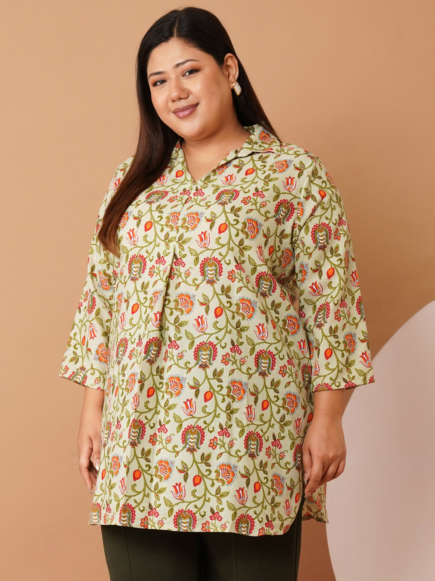 U&F Beyond Green Floral Printed Crepe Longline Shirt Style Top