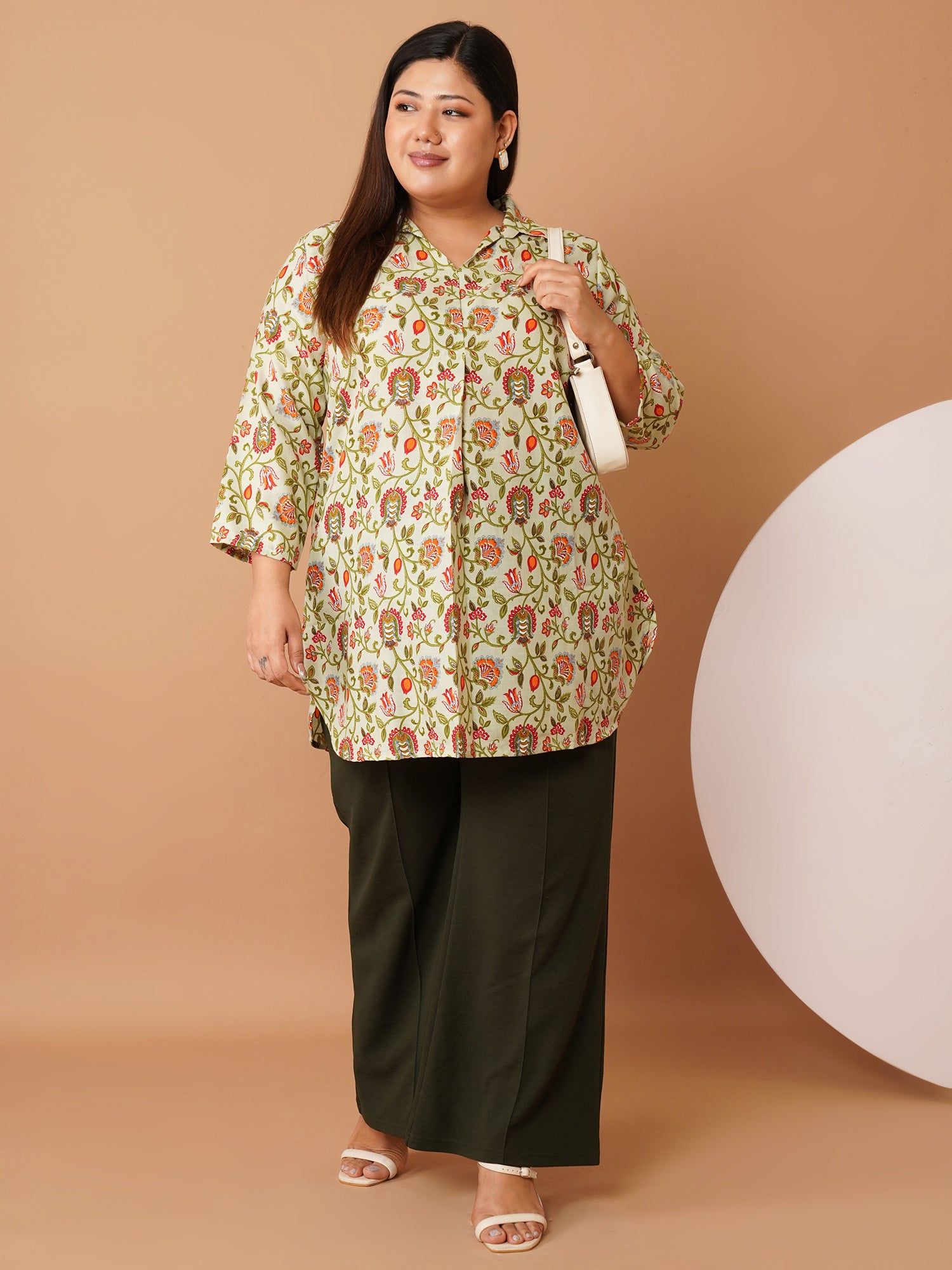 U&F Beyond Green Floral Printed Crepe Longline Shirt Style Top
