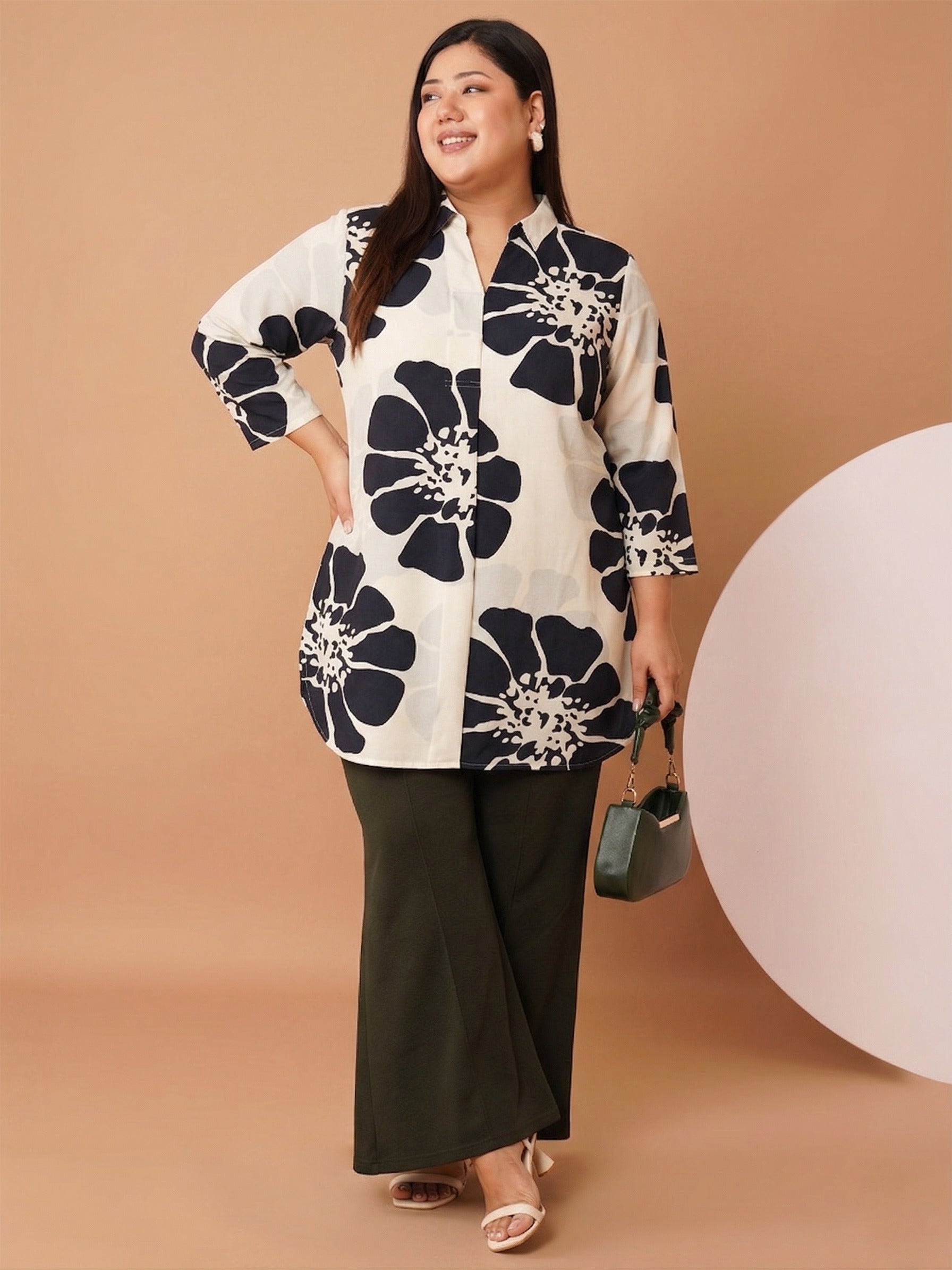 U&F Beyond Women's Plus Size Beige Floral Printed Crepe Shirt Style Top