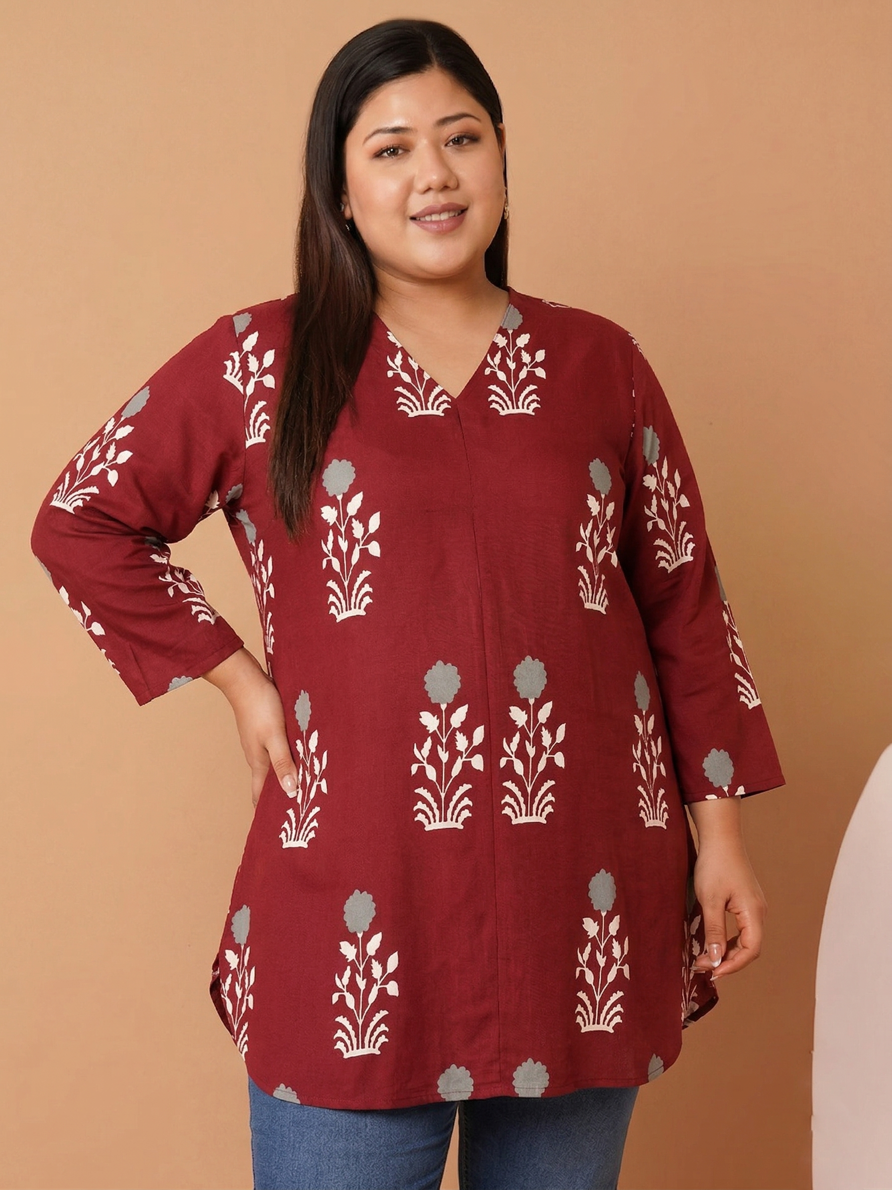 U&F Beyond Maroon Floral Printed V-Neck Cotton Tunic Top