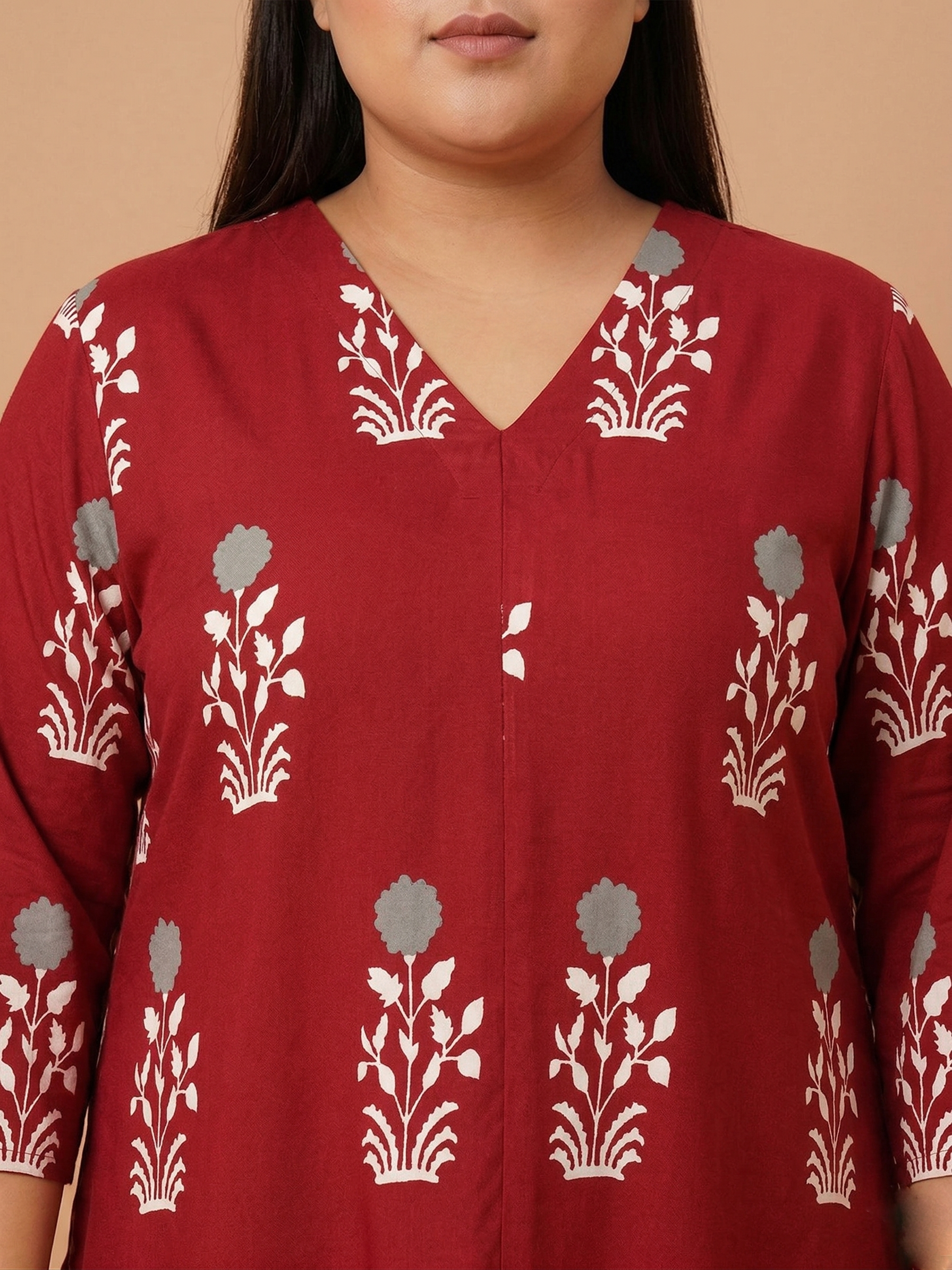 U&F Beyond Maroon Floral Printed V-Neck Cotton Tunic Top