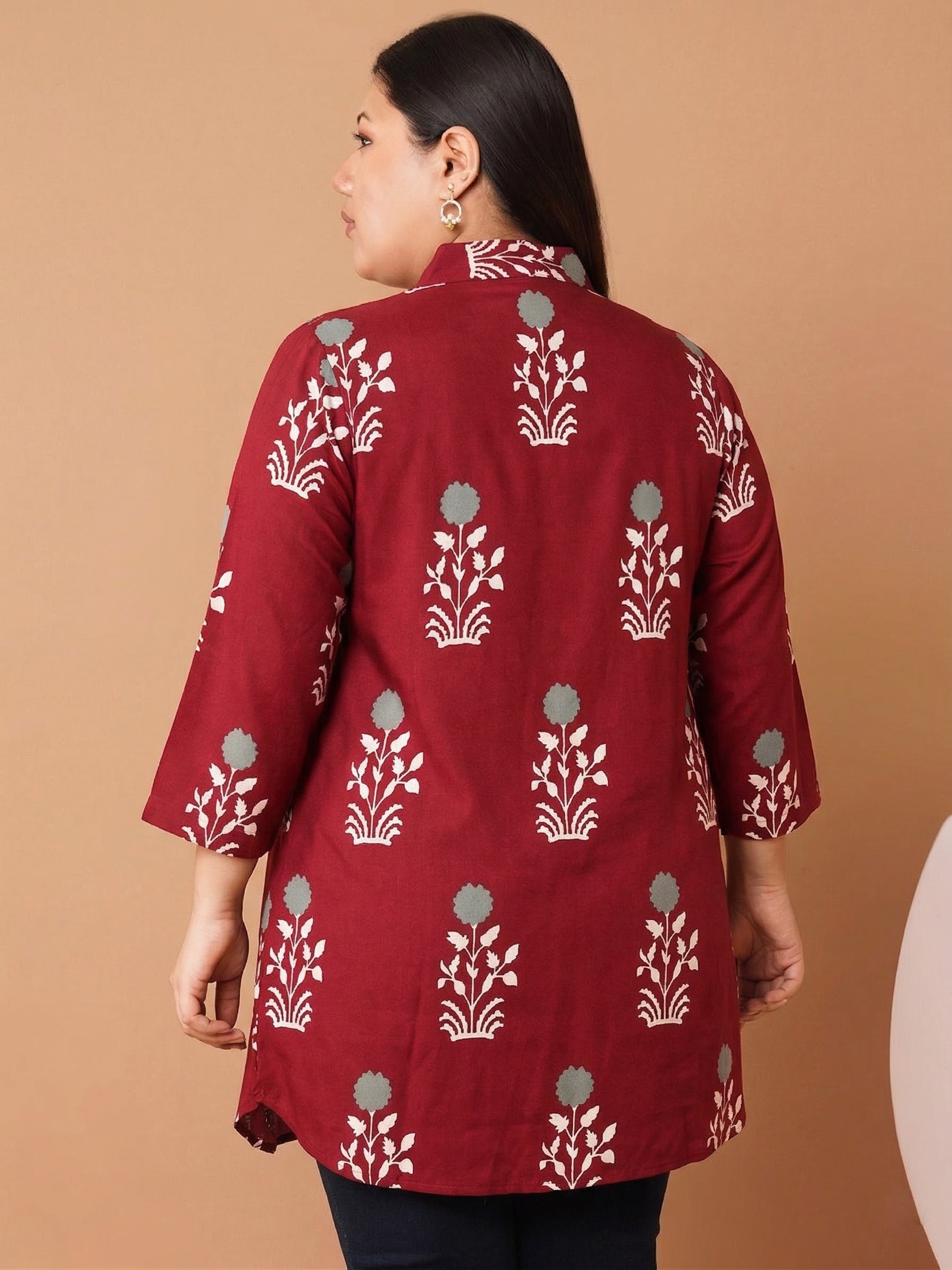 U&F Beyond Women's Plus Size  Maroon Printed Cotton Shirt Style Longline Top
