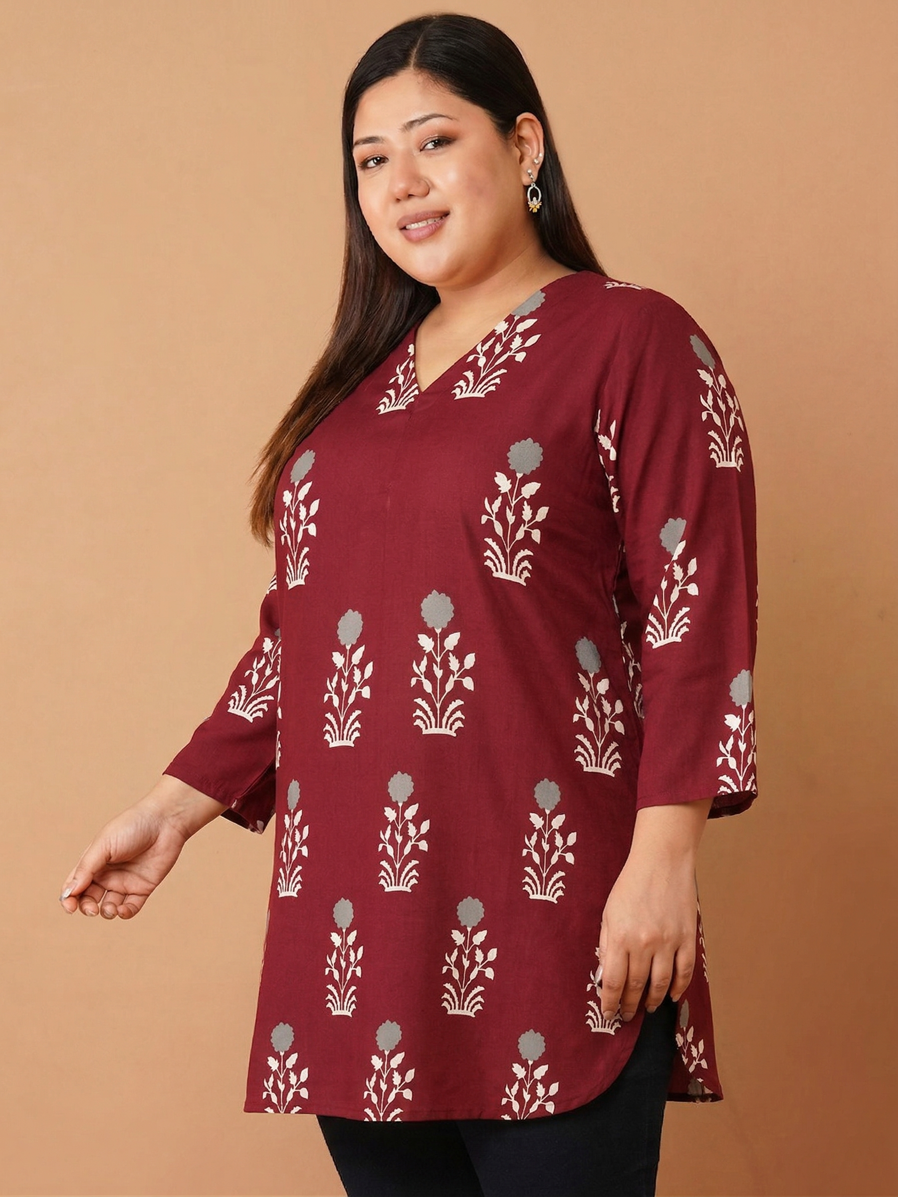 U&F Beyond Maroon Floral Printed V-Neck Cotton Tunic Top