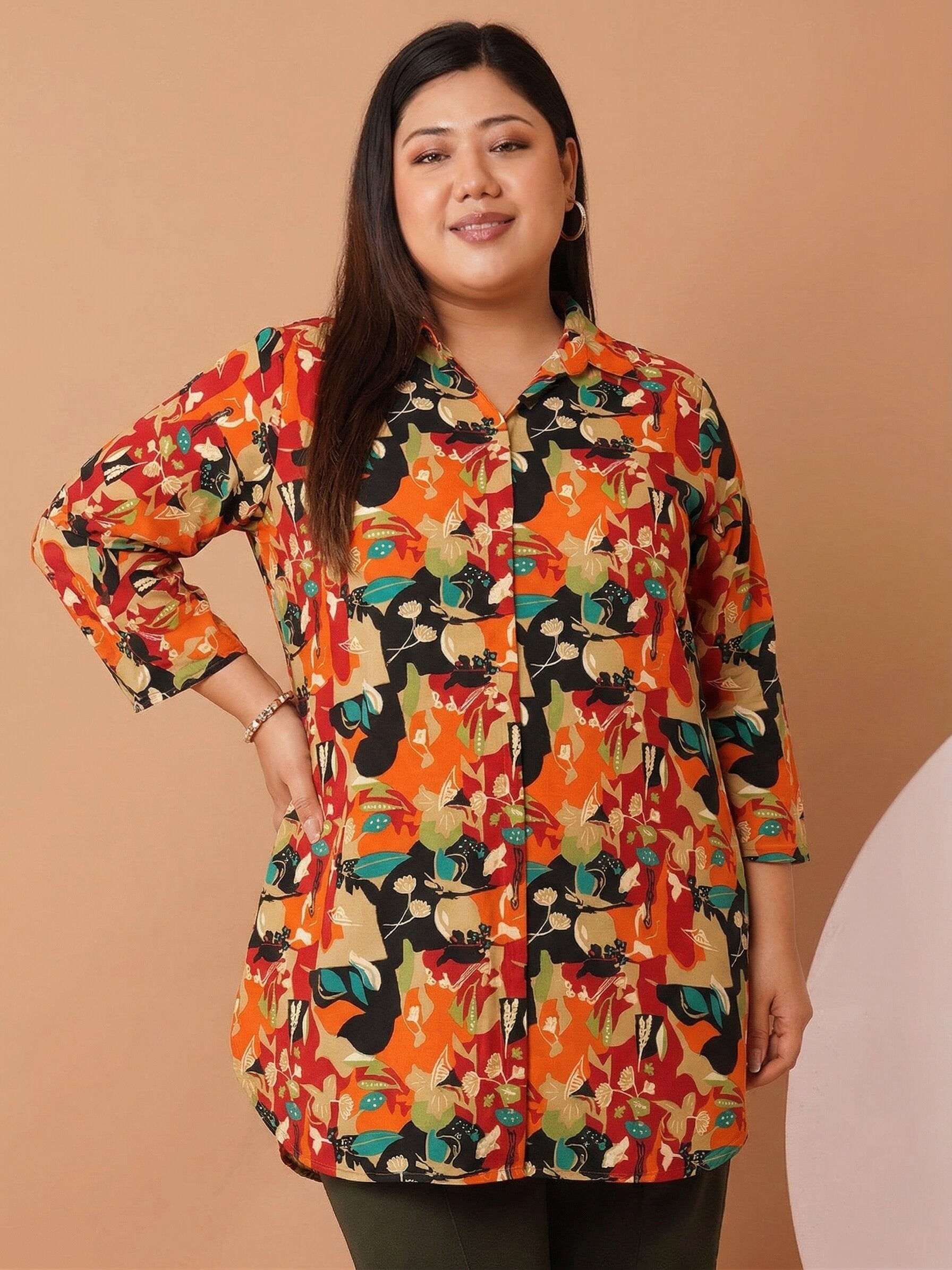 U&F Beyond Women`s Plus Size Orange Abstract Printed Shirt Style Top