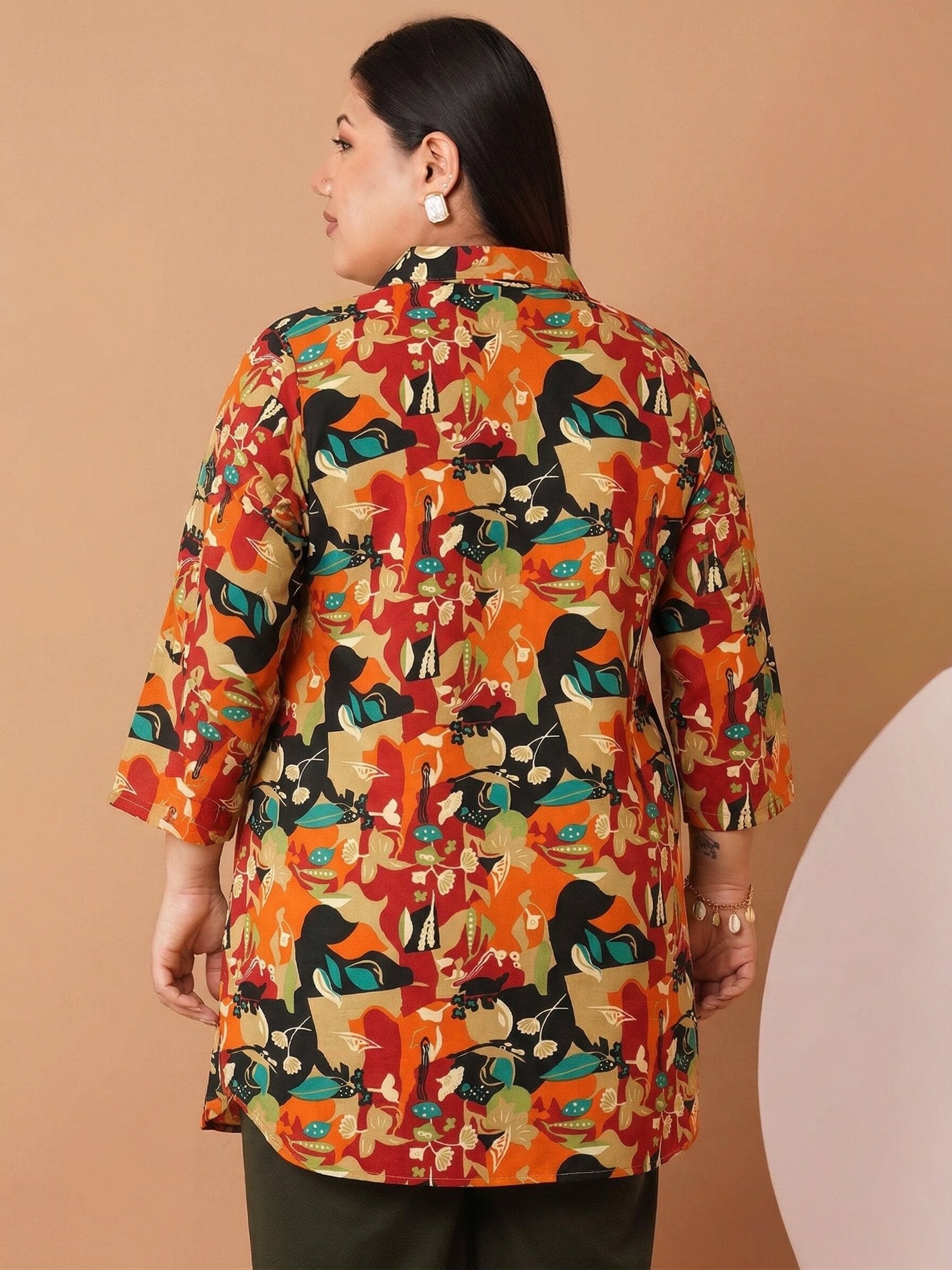 U&F Beyond Women`s Plus Size Orange Abstract Printed Shirt Style Top