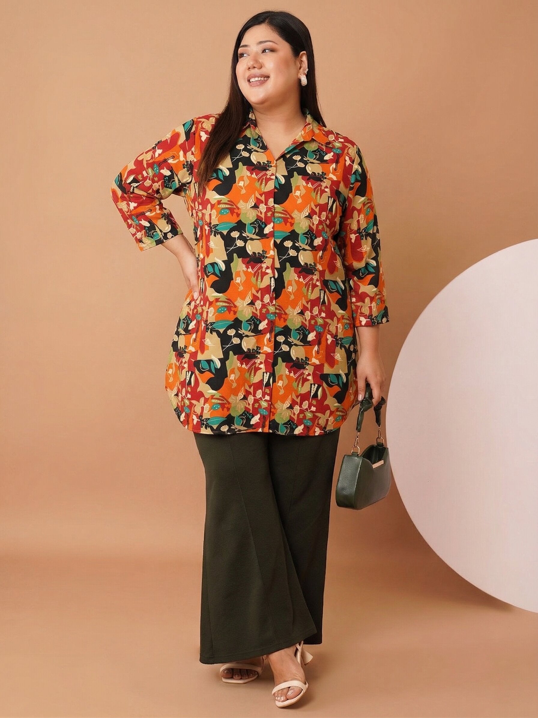 U&F Beyond Women`s Plus Size Orange Abstract Printed Shirt Style Top