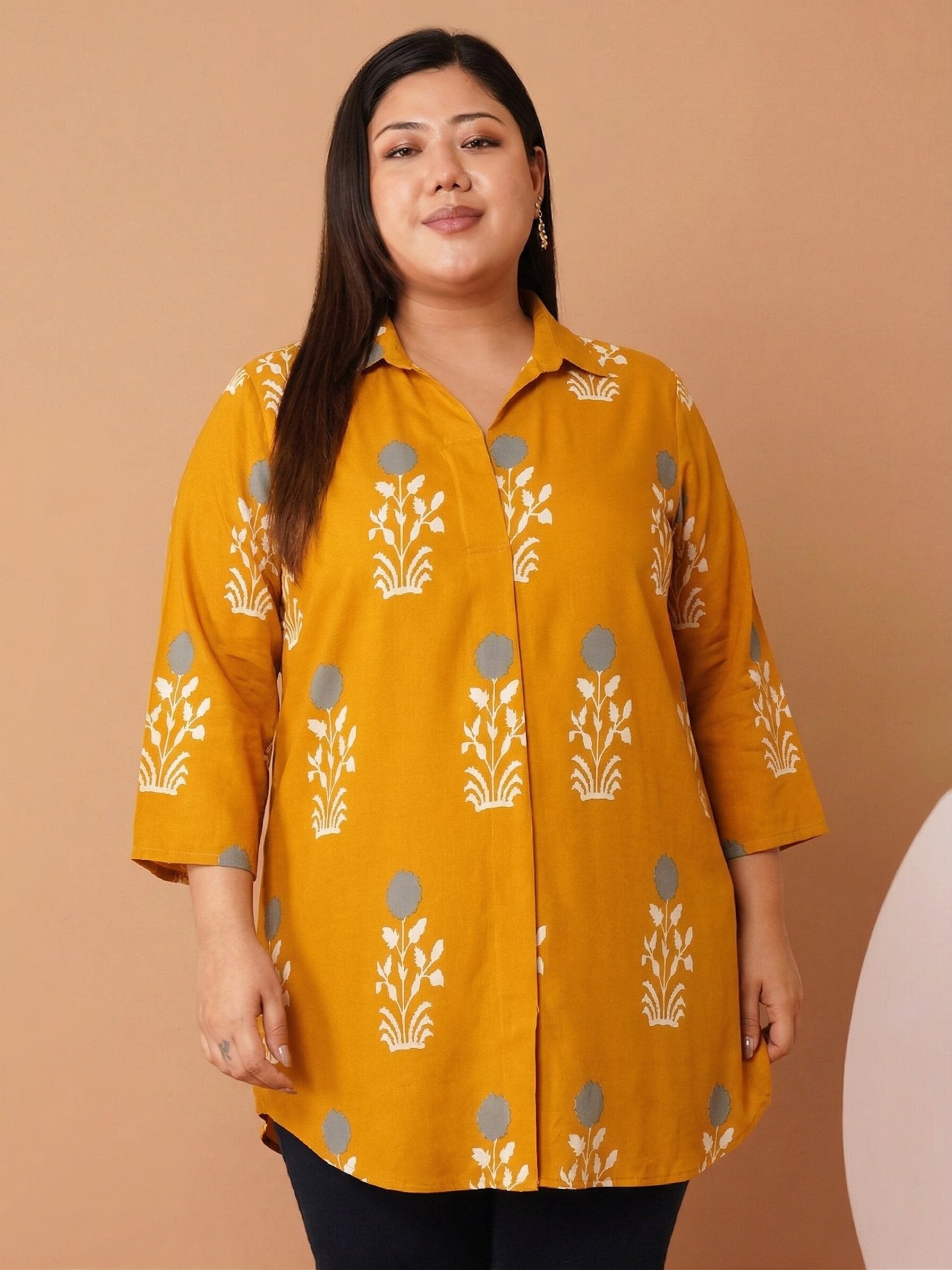 U&F Beyond Women`s Plus Size Mustard Meadow Cotton Printed Shirt Style Longline Top