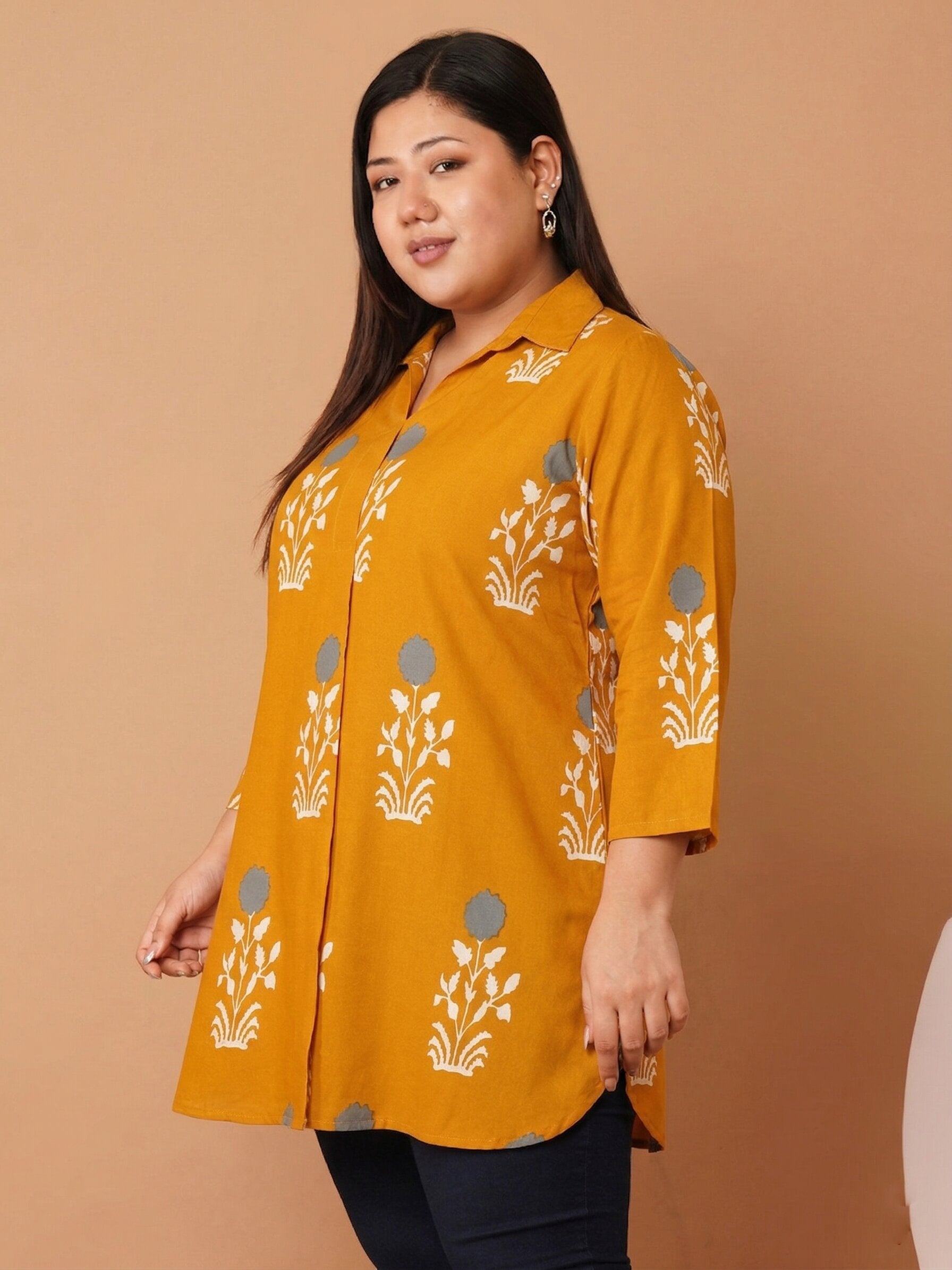 U&F Beyond Women`s Plus Size Mustard Meadow Cotton Printed Shirt Style Longline Top
