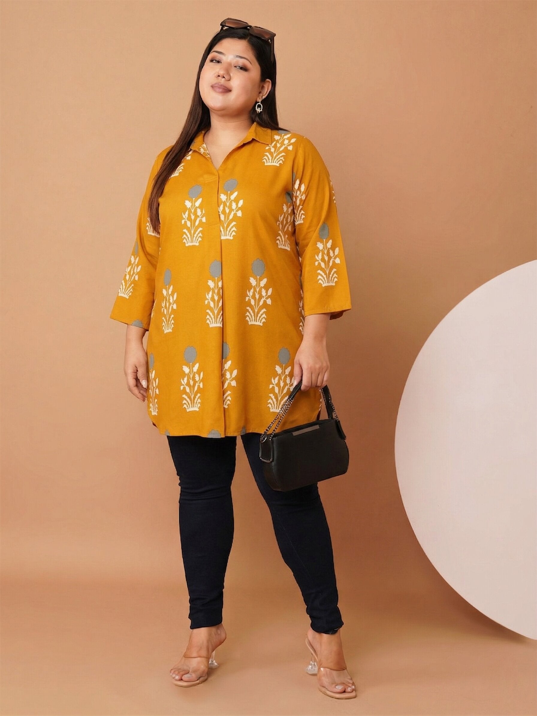 U&F Beyond Women`s Plus Size Mustard Meadow Cotton Printed Shirt Style Longline Top