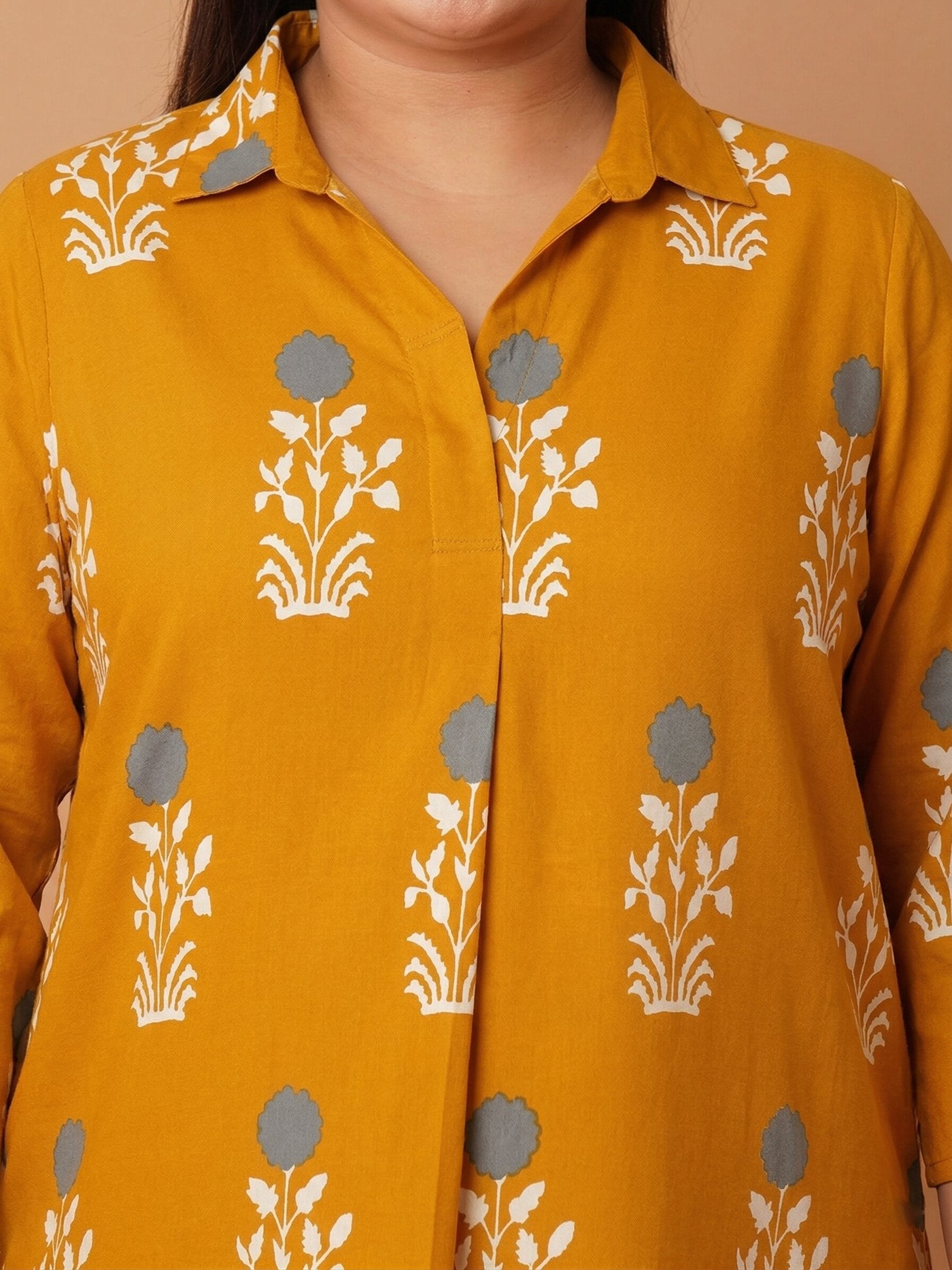 U&F Beyond Women`s Plus Size Mustard Meadow Cotton Printed Shirt Style Longline Top