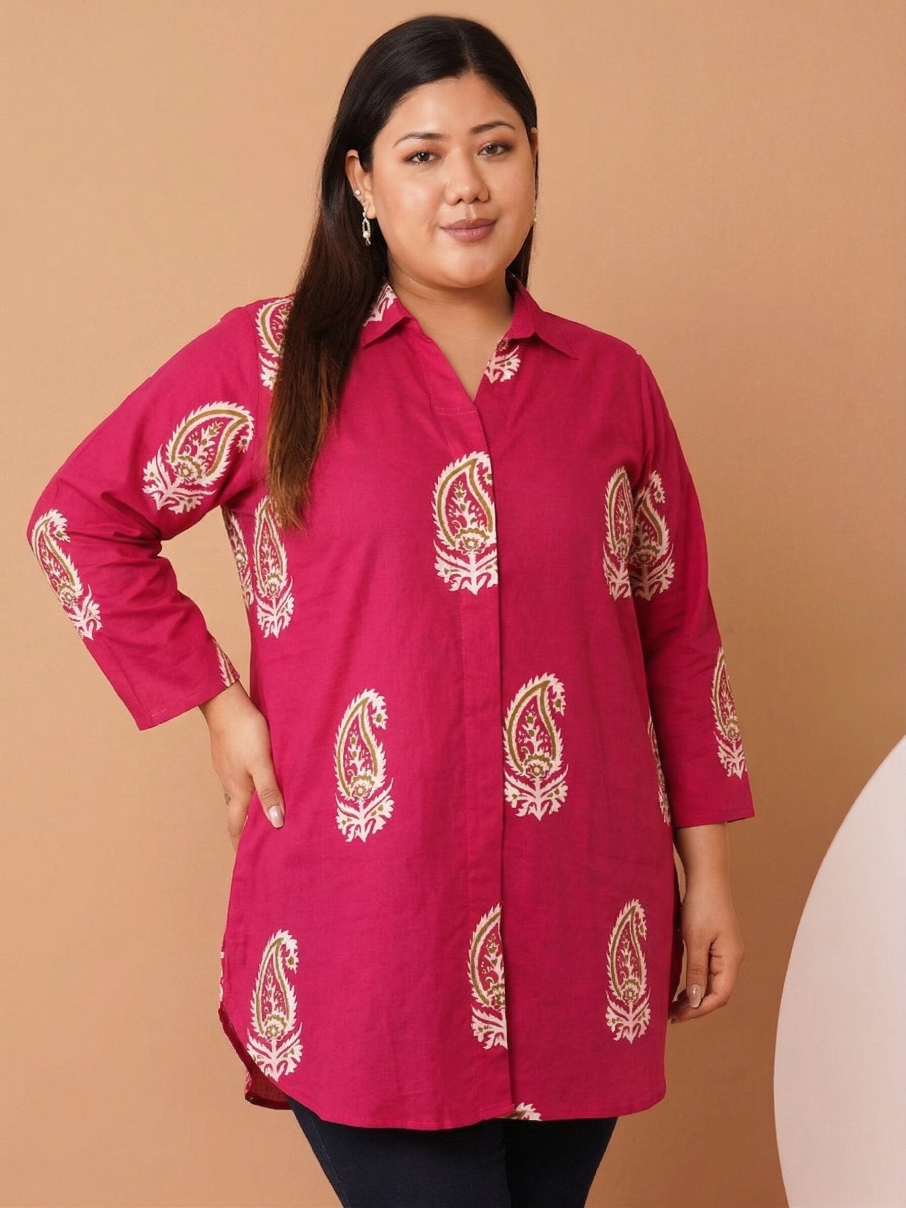 U&F Beyond Women`s Plus Size Rani Pink Paisley Cotton Printed Shirt Style Top