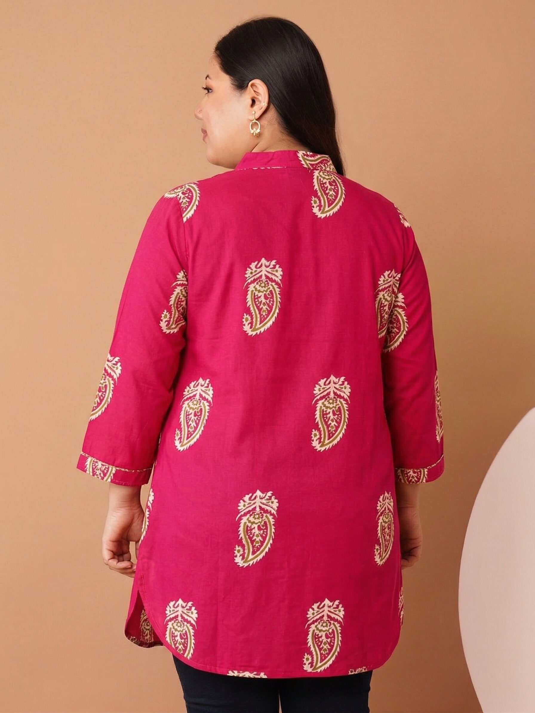 U&F Beyond Women`s Plus Size Rani Pink Paisley Cotton Printed Shirt Style Top