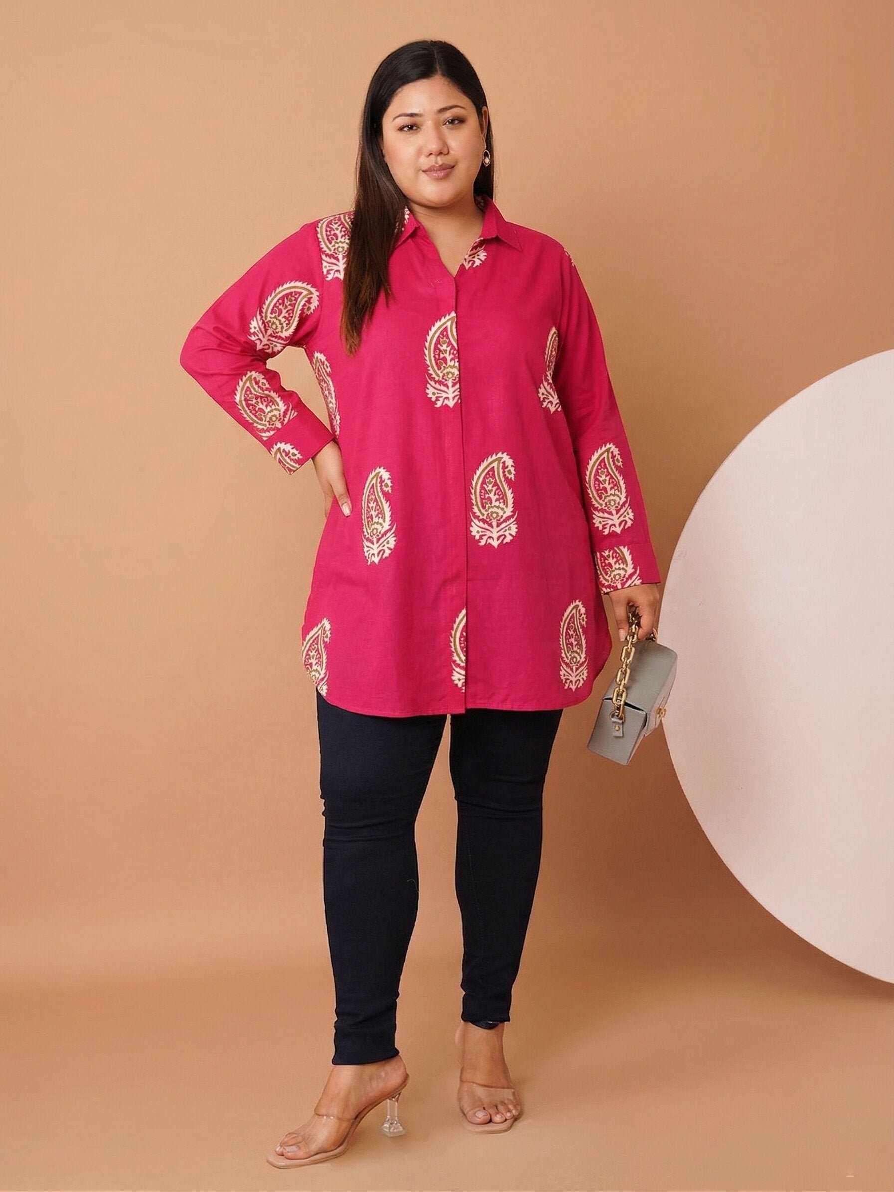 U&F Beyond Women`s Plus Size Rani Pink Paisley Cotton Printed Shirt Style Top
