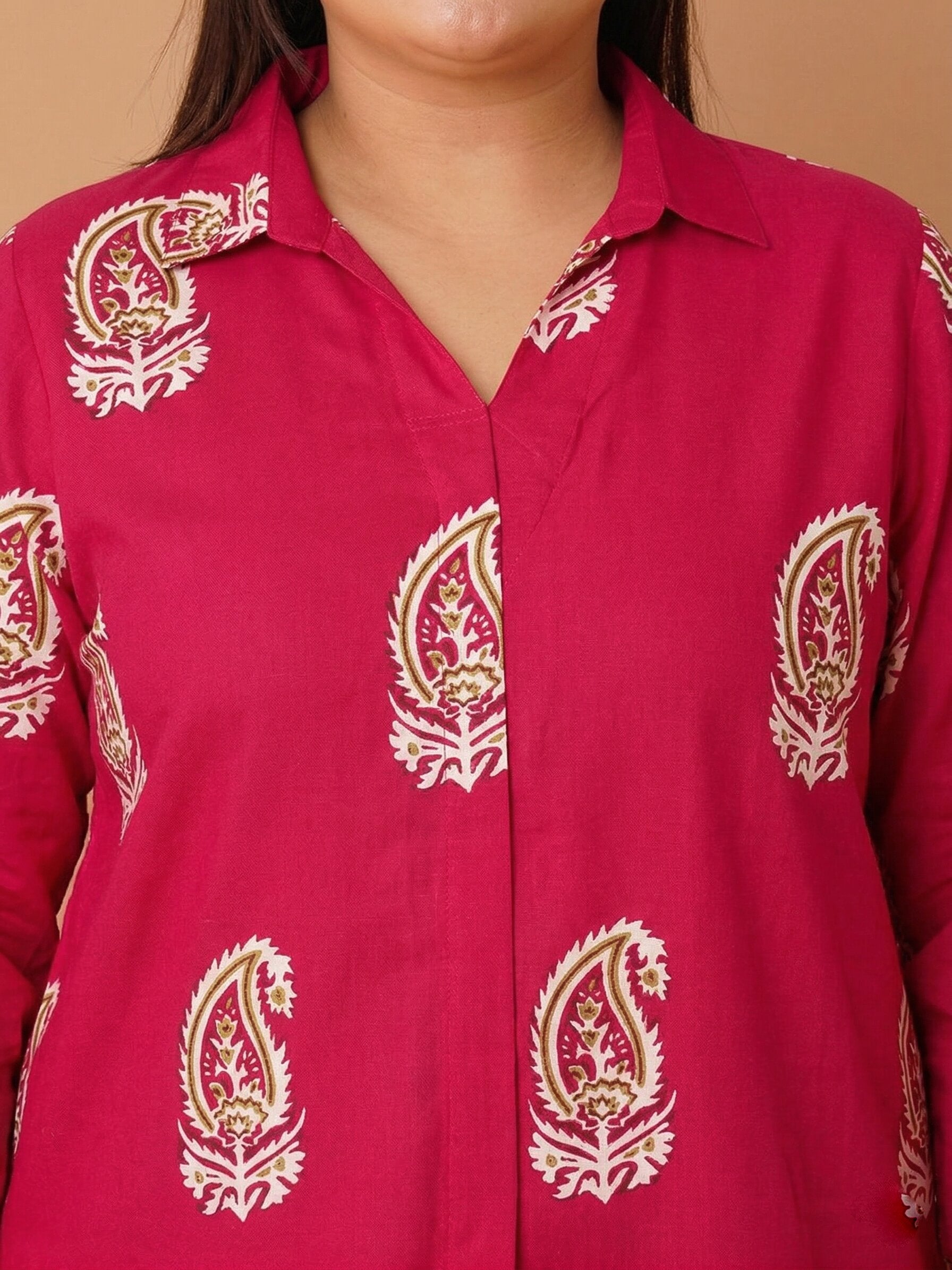 U&F Beyond Women`s Plus Size Rani Pink Paisley Cotton Printed Shirt Style Top