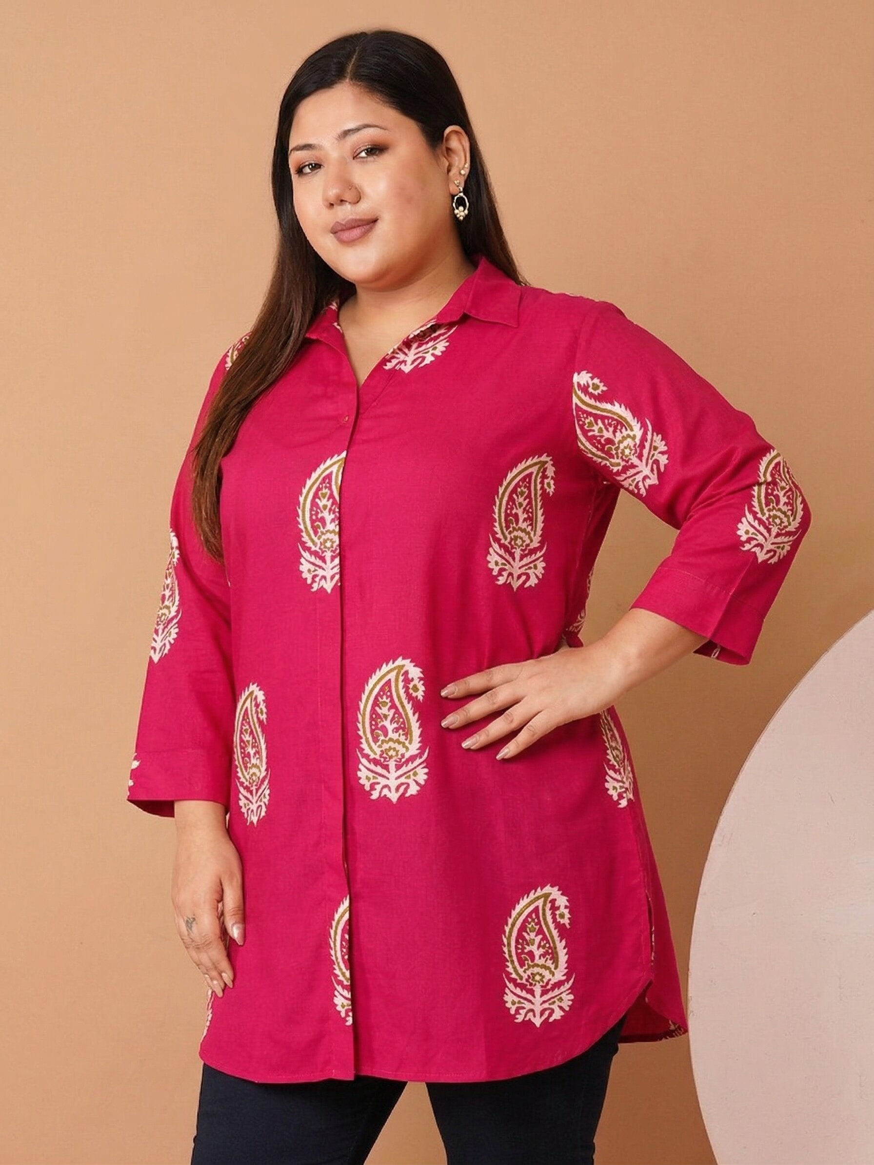 U&F Beyond Women`s Plus Size Rani Pink Paisley Cotton Printed Shirt Style Top