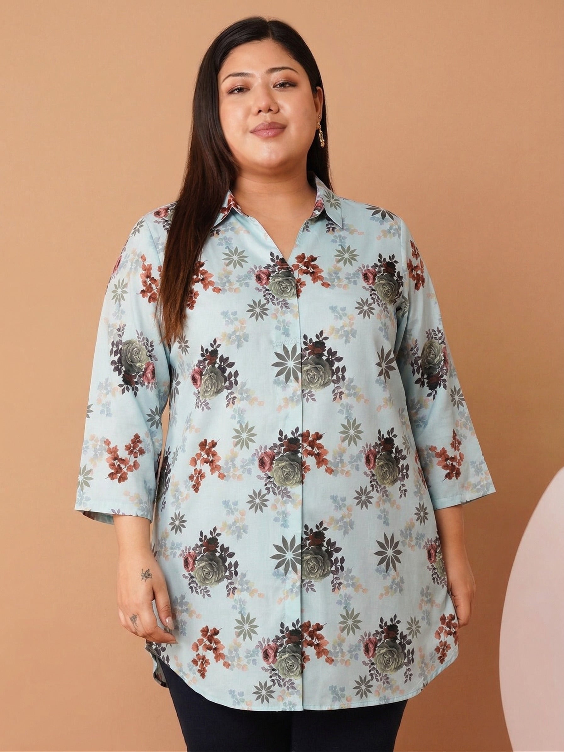 U&F Beyond Women`s Plus Size Powder Blue Floral Printed Cotton Shirt Style Top